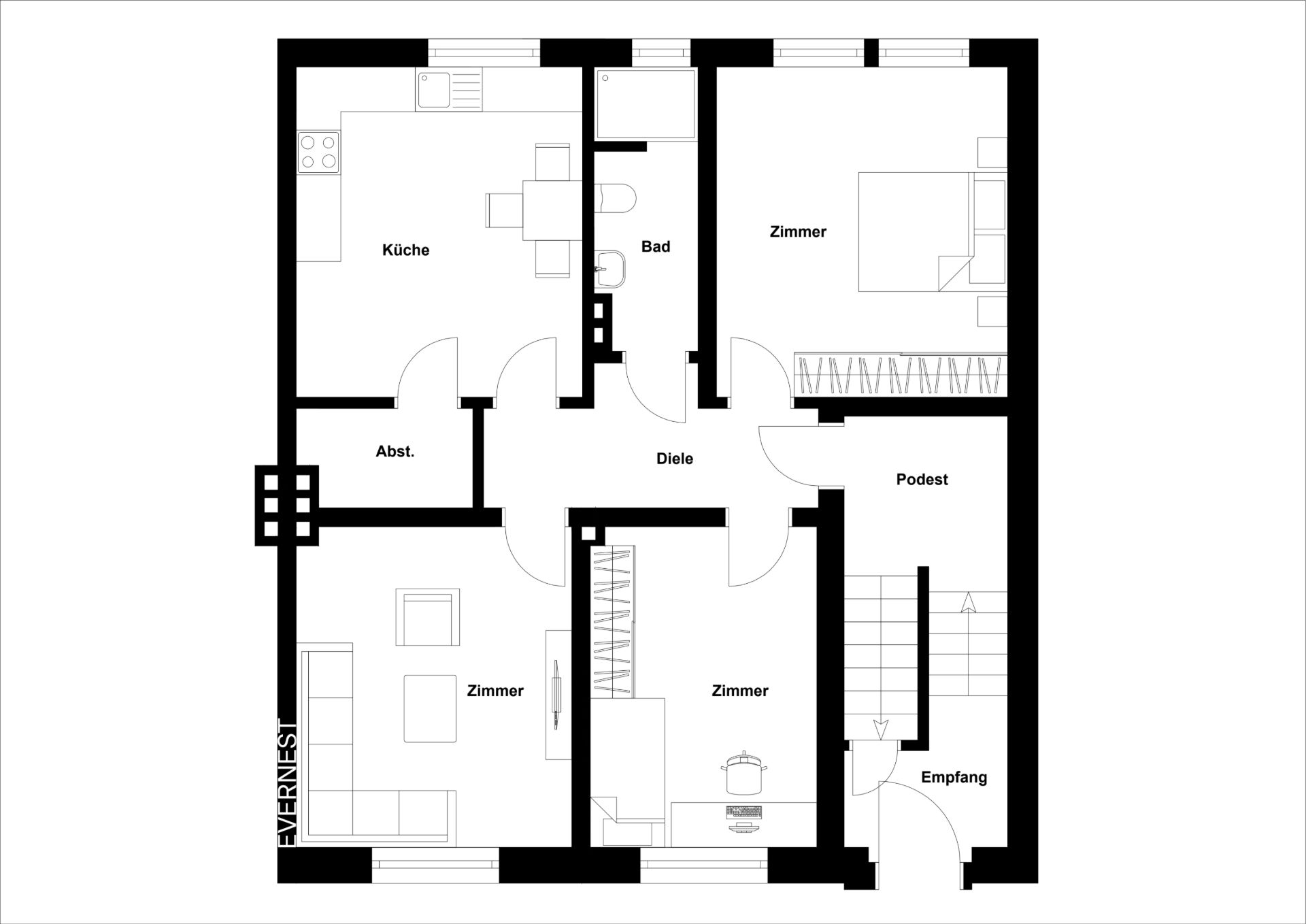 Grundriss einer Wohnung mit drei Zimmern, Küche, Bad, Diele, Abstellraum und Empfangsbereich.