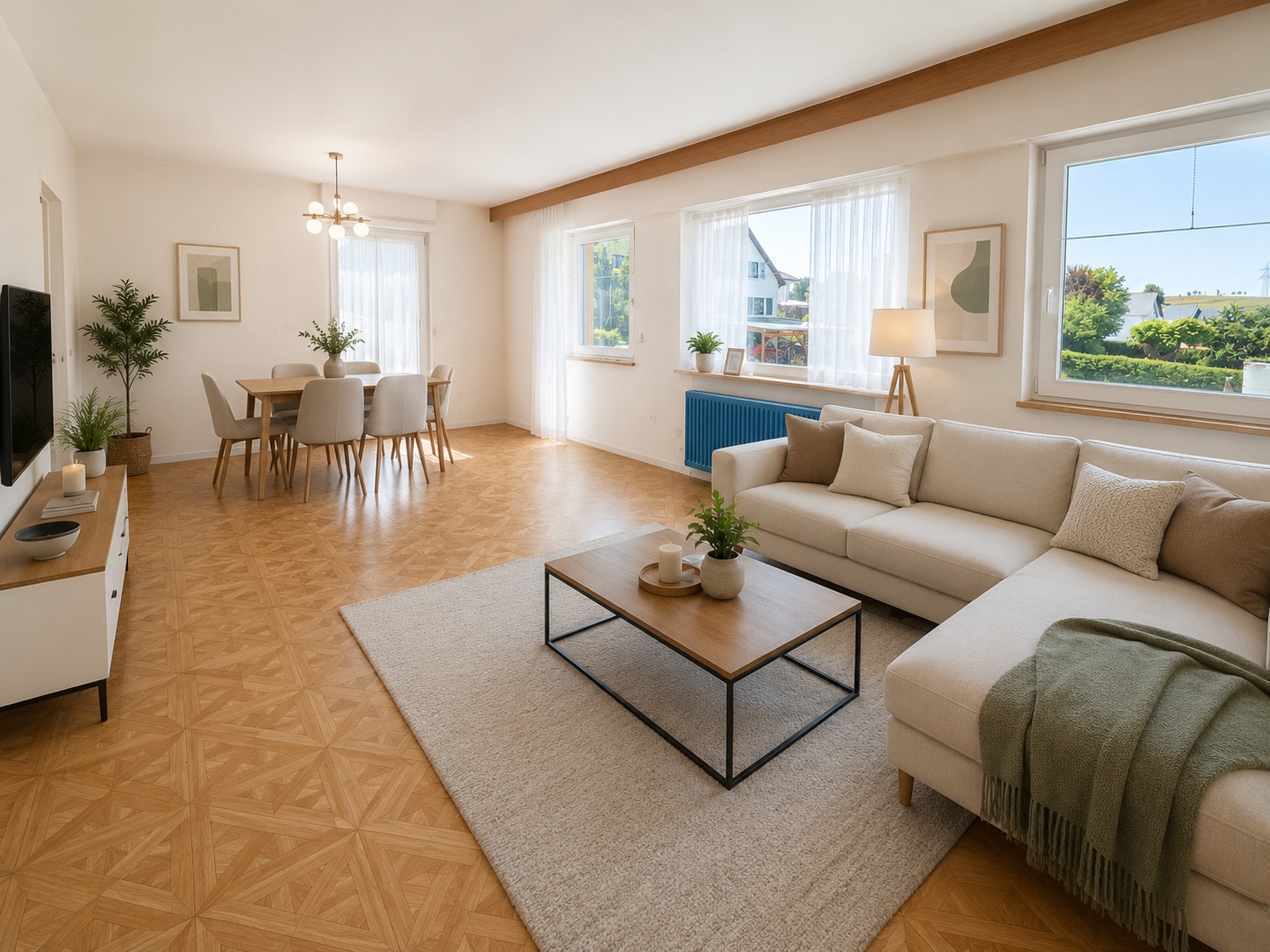 Helles Wohnzimmer mit Ecksofa, Couchtisch, Esstisch, Stühlen und großen Fenstern.