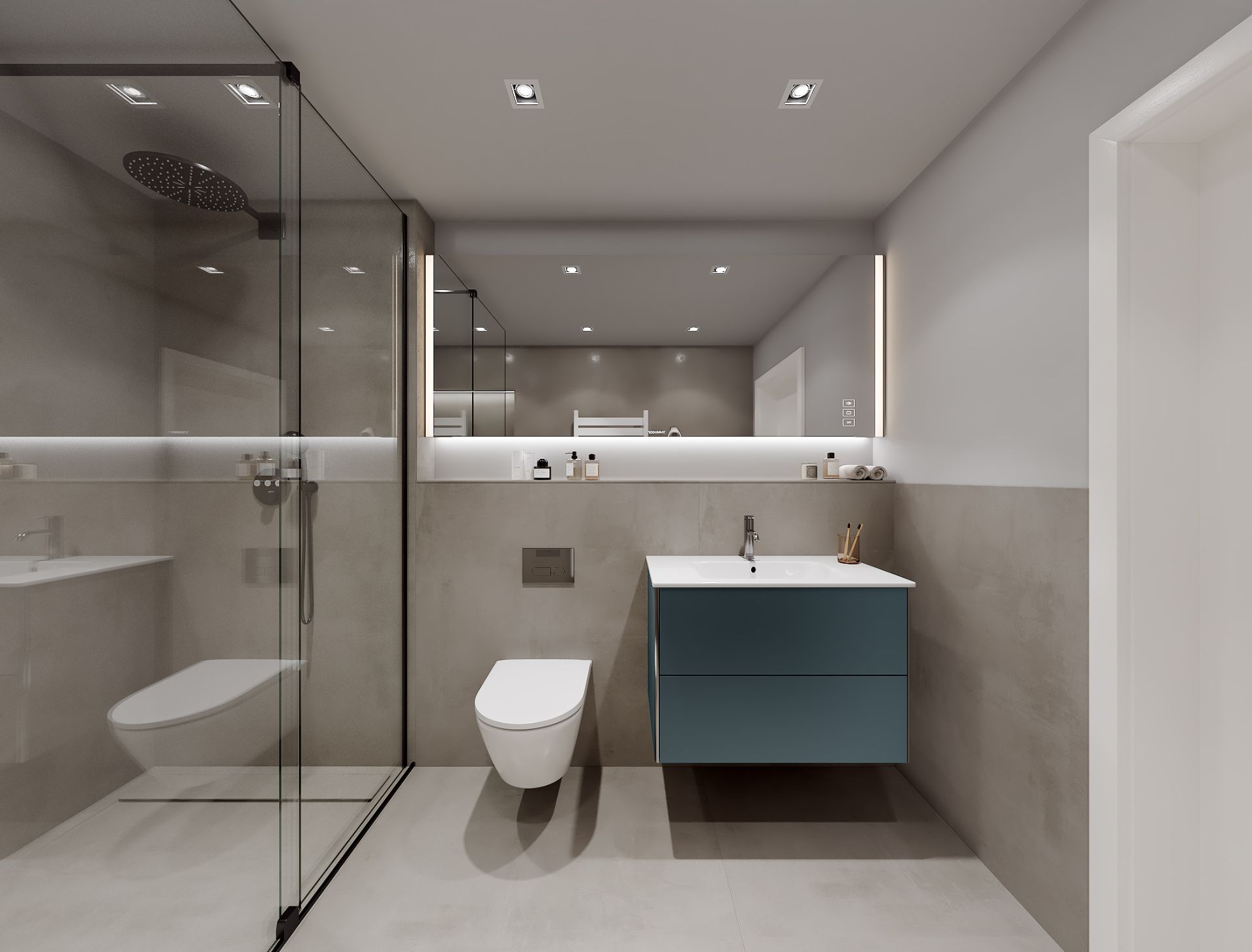 Modernes Badezimmer mit Glasdusche, Hängetoilette und Waschtisch mit Spiegel.