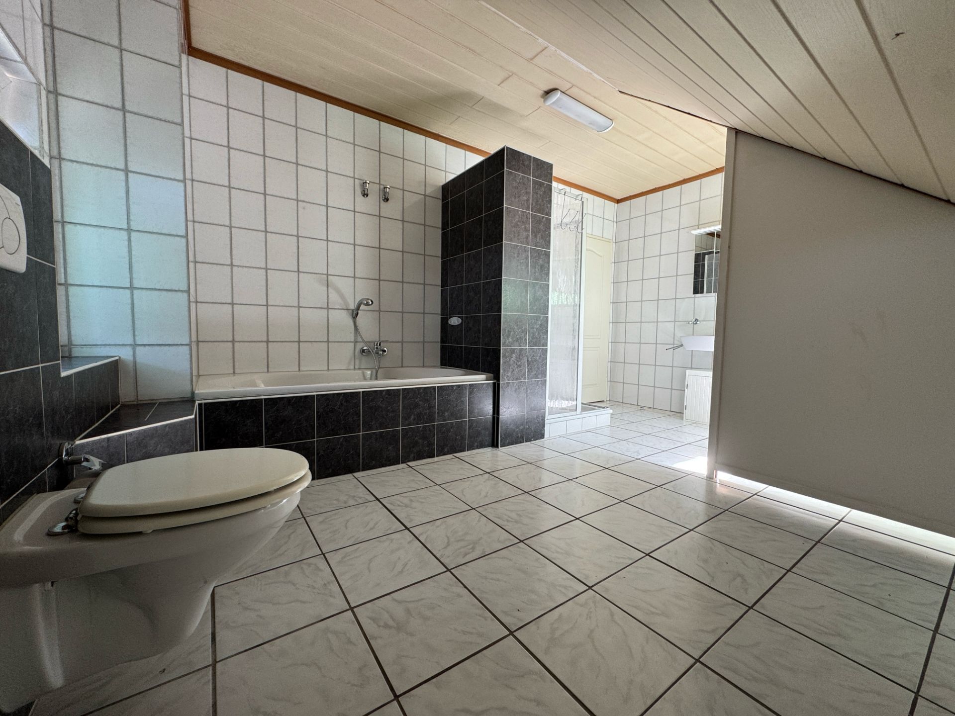 Großes Badezimmer mit Badewanne, Dusche, Toilette und weiß gefliestem Boden.