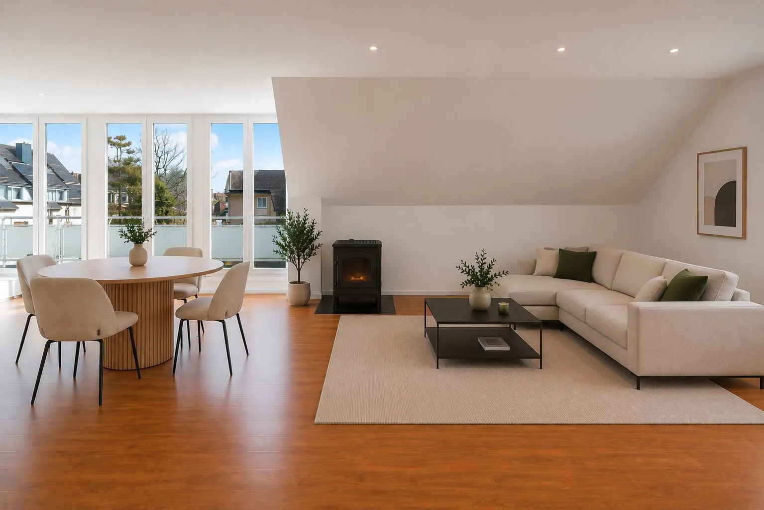 Helles Wohnzimmer mit Ecksofa, Couchtisch, Esstisch, Kaminofen und bodentiefen Fenstern.