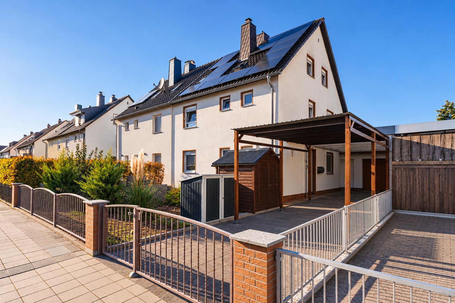 Reihenhaus mit Solarpanels, Carport, kleinem Schuppen und umzäuntem Vorgarten an sonnigem Tag.