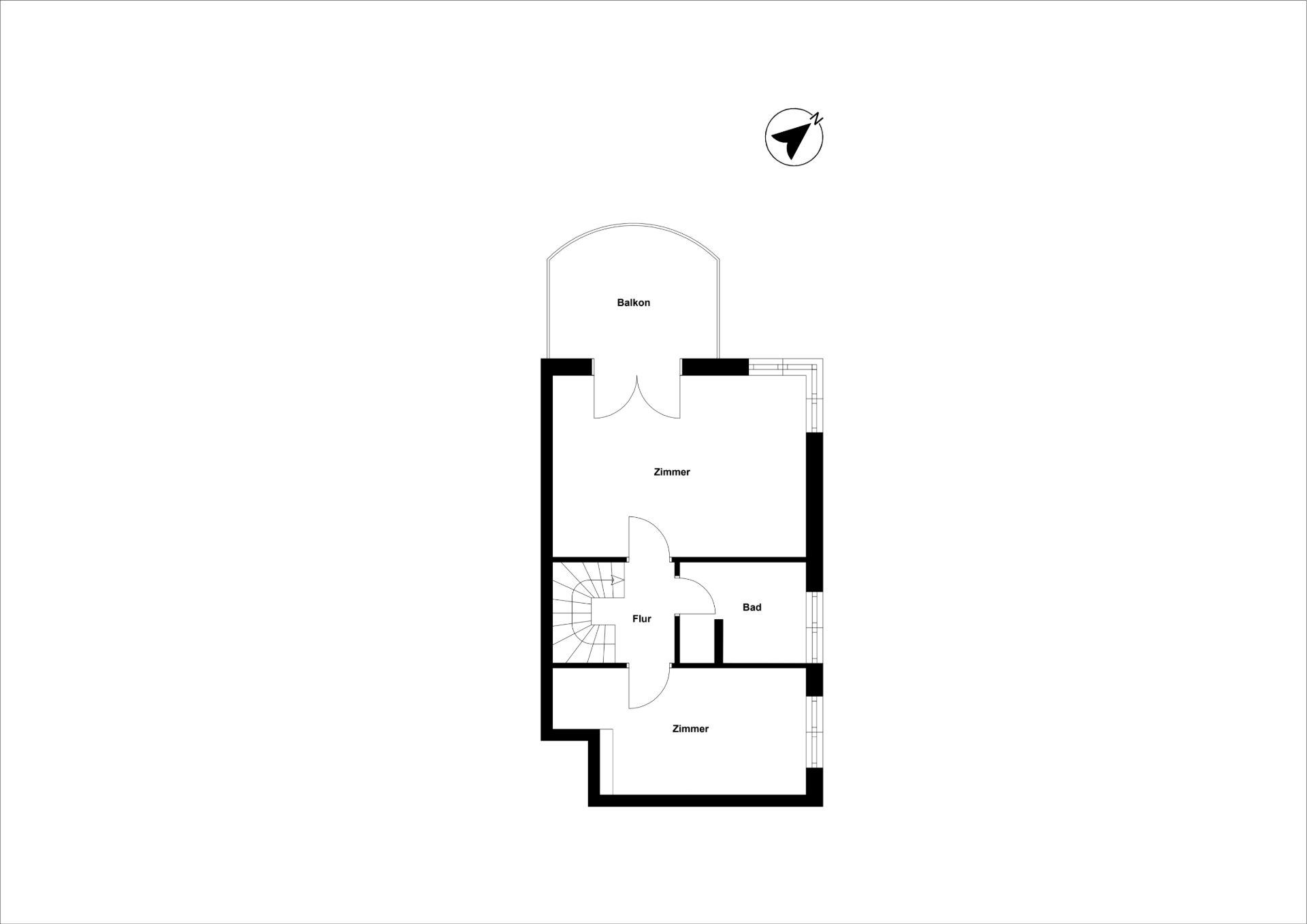 Grundriss mit zwei Zimmern, Bad, Flur und Balkon.