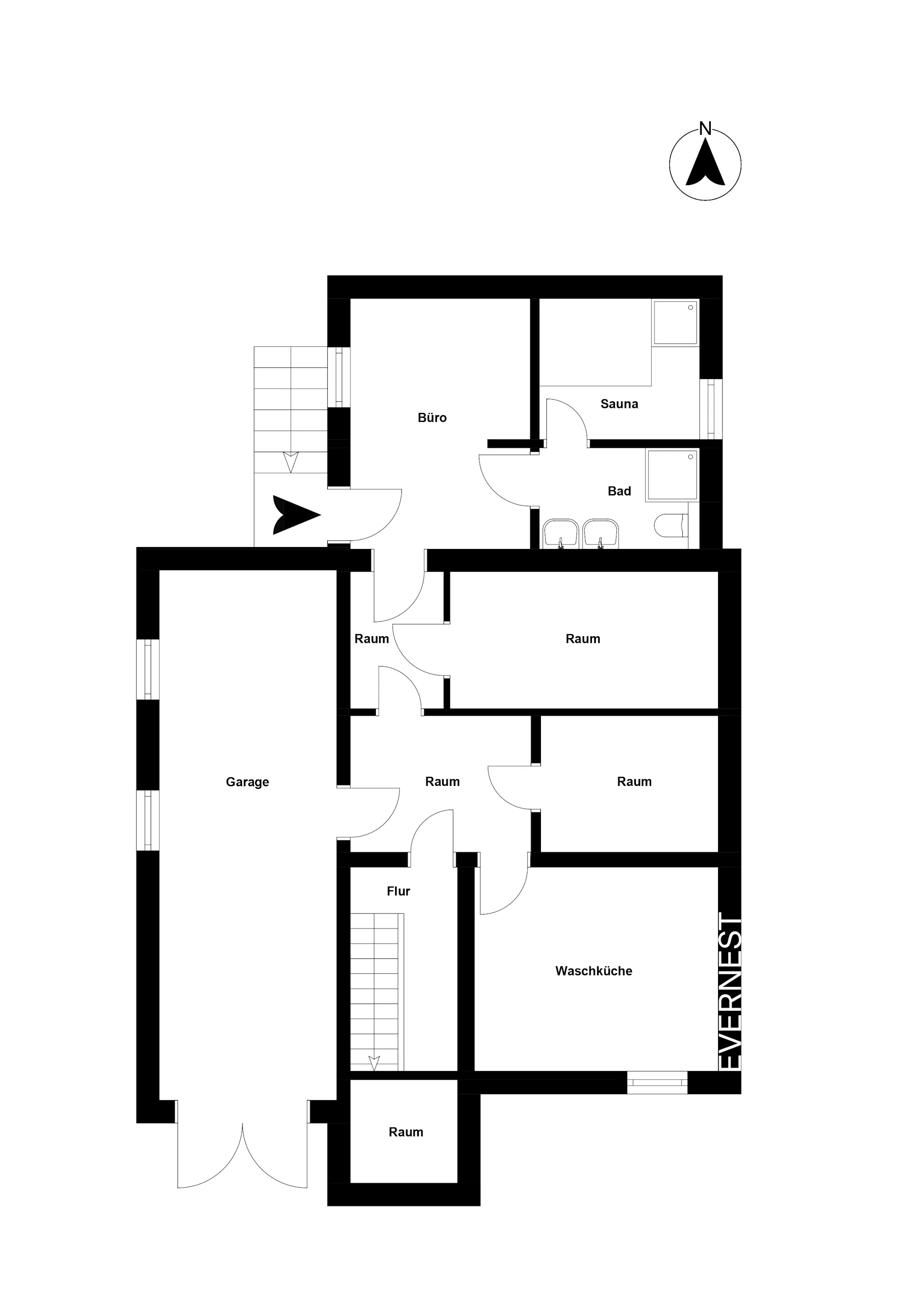 Grundriss mit Büro, Sauna, Bad, mehreren Räumen, Garage, Flur und Waschküche.