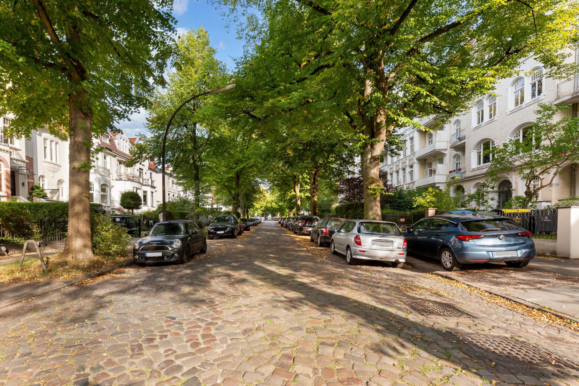 Baumgesäumte Wohnstraße mit Kopfsteinpflaster und geparkten Autos, Wohnhäuser links und rechts.