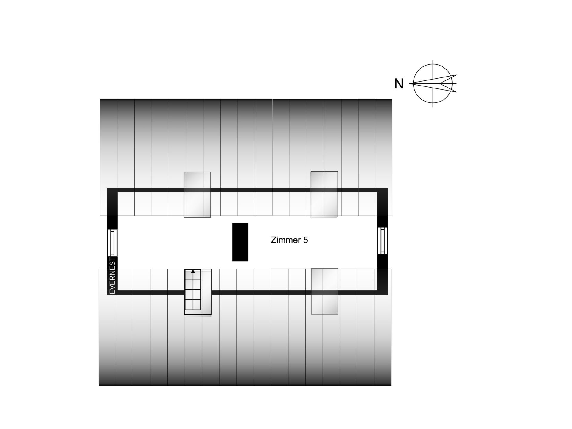 Grundriss mit einem rechteckigen Raum, beschriftet als Zimmer 5, und Treppe links.