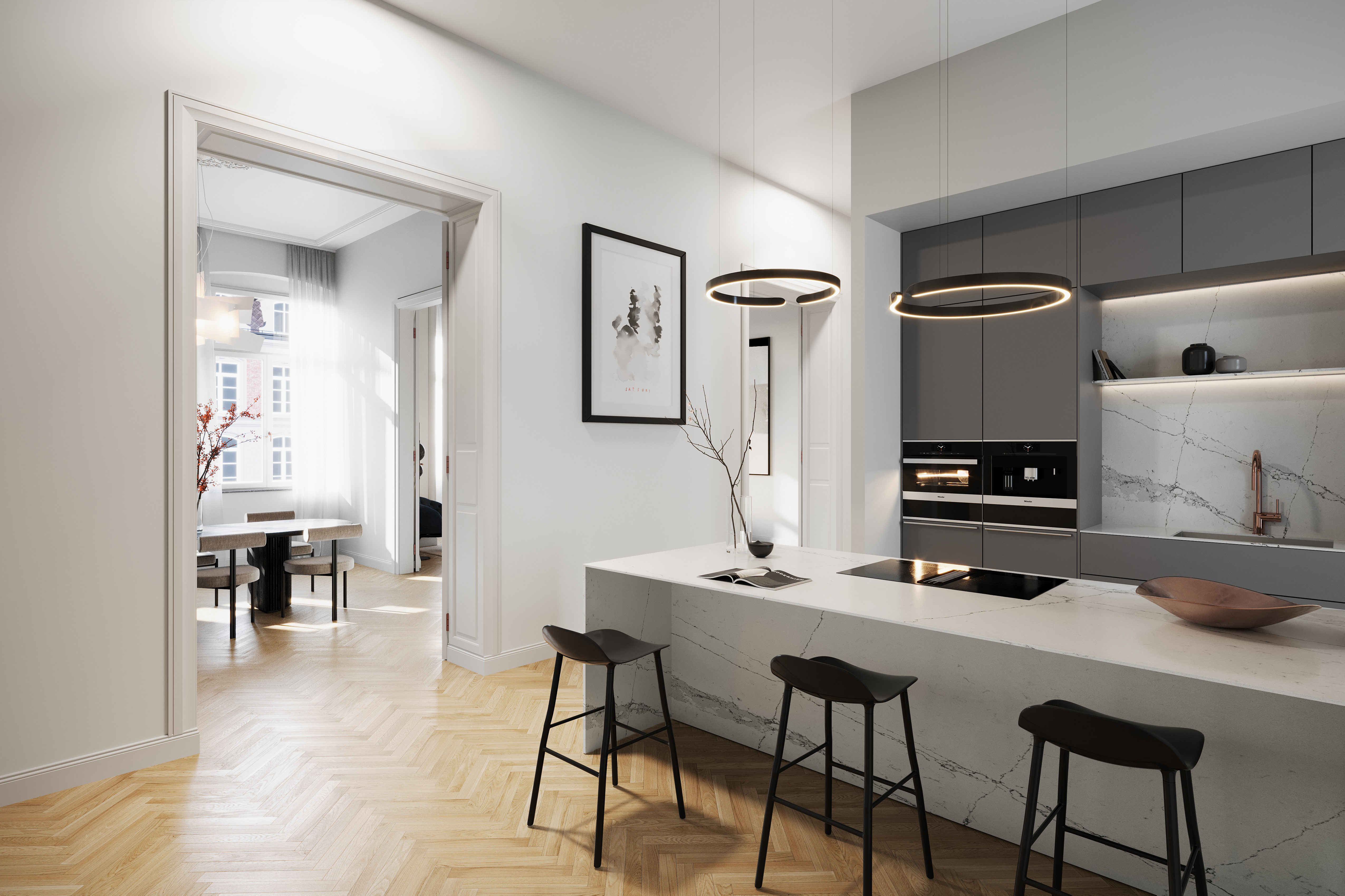 Moderne Küche mit Barhockern, Marmorarbeitsplatte und offenem Zugang zum Esszimmer.