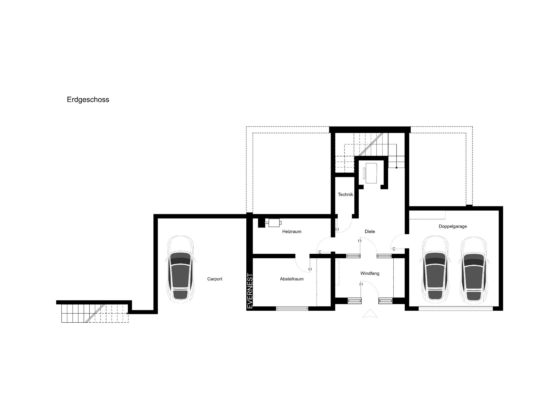 Grundriss des Erdgeschosses mit Carport, Doppelgarage und mehreren Räumen.