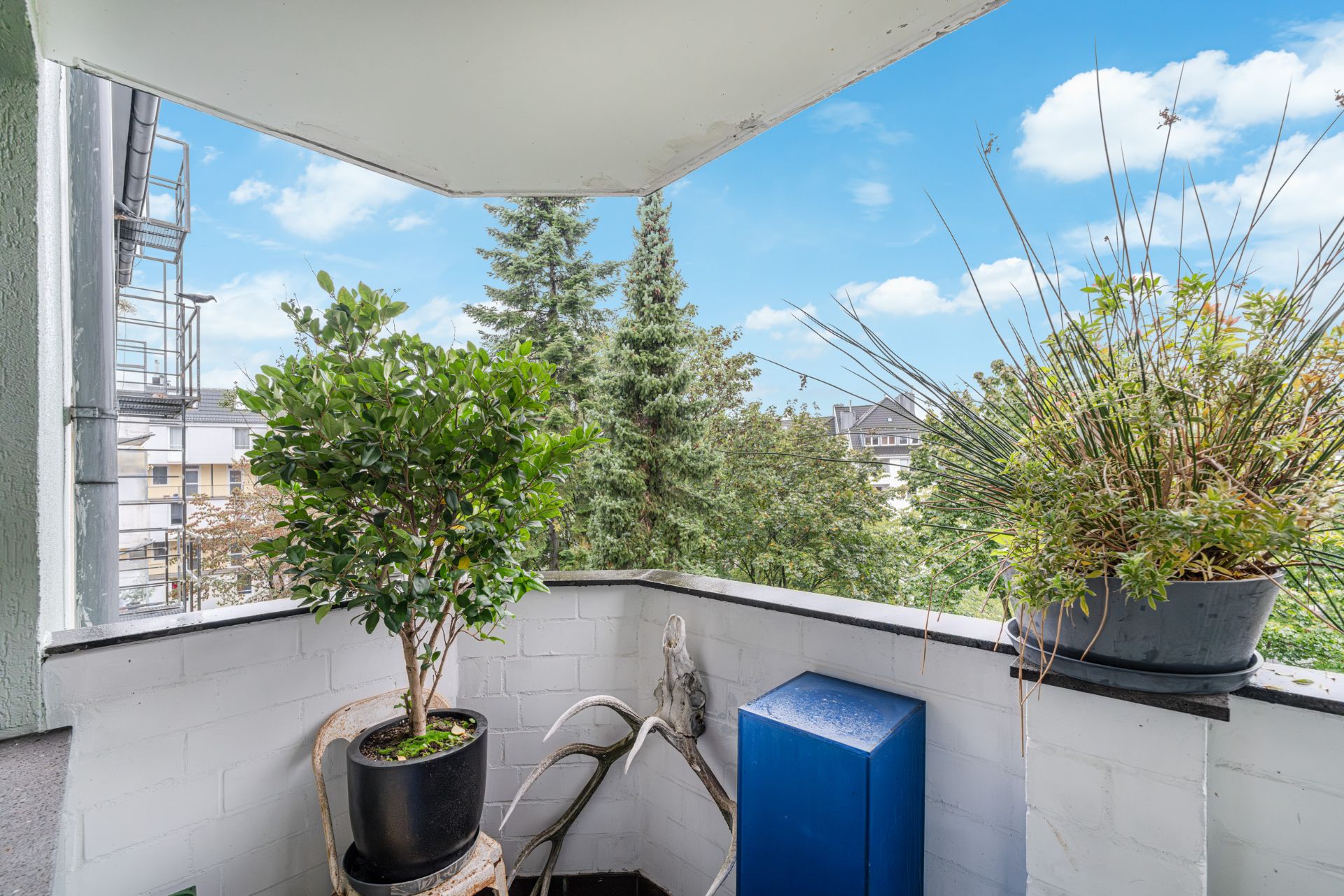 Kleiner Balkon mit zwei Pflanzkübeln und Blick auf Bäume und Nachbargebäude.