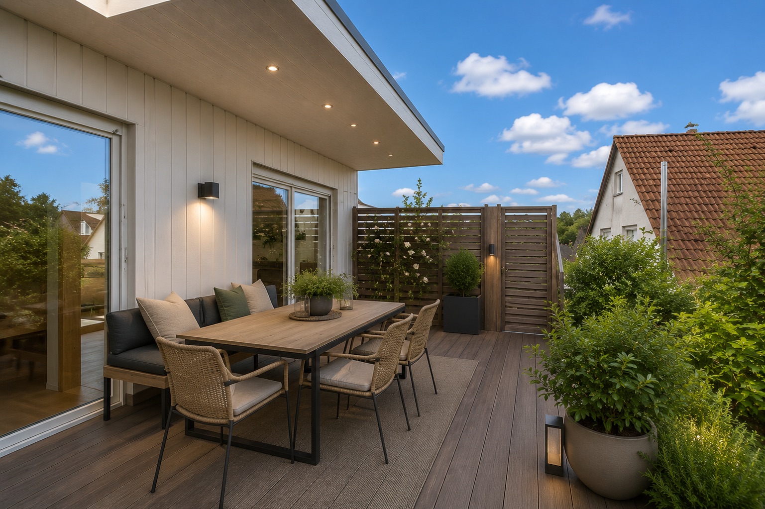 Moderne Terrasse mit Esstisch, sechs Stühlen und Pflanzen in Töpfen bei Tageslicht.