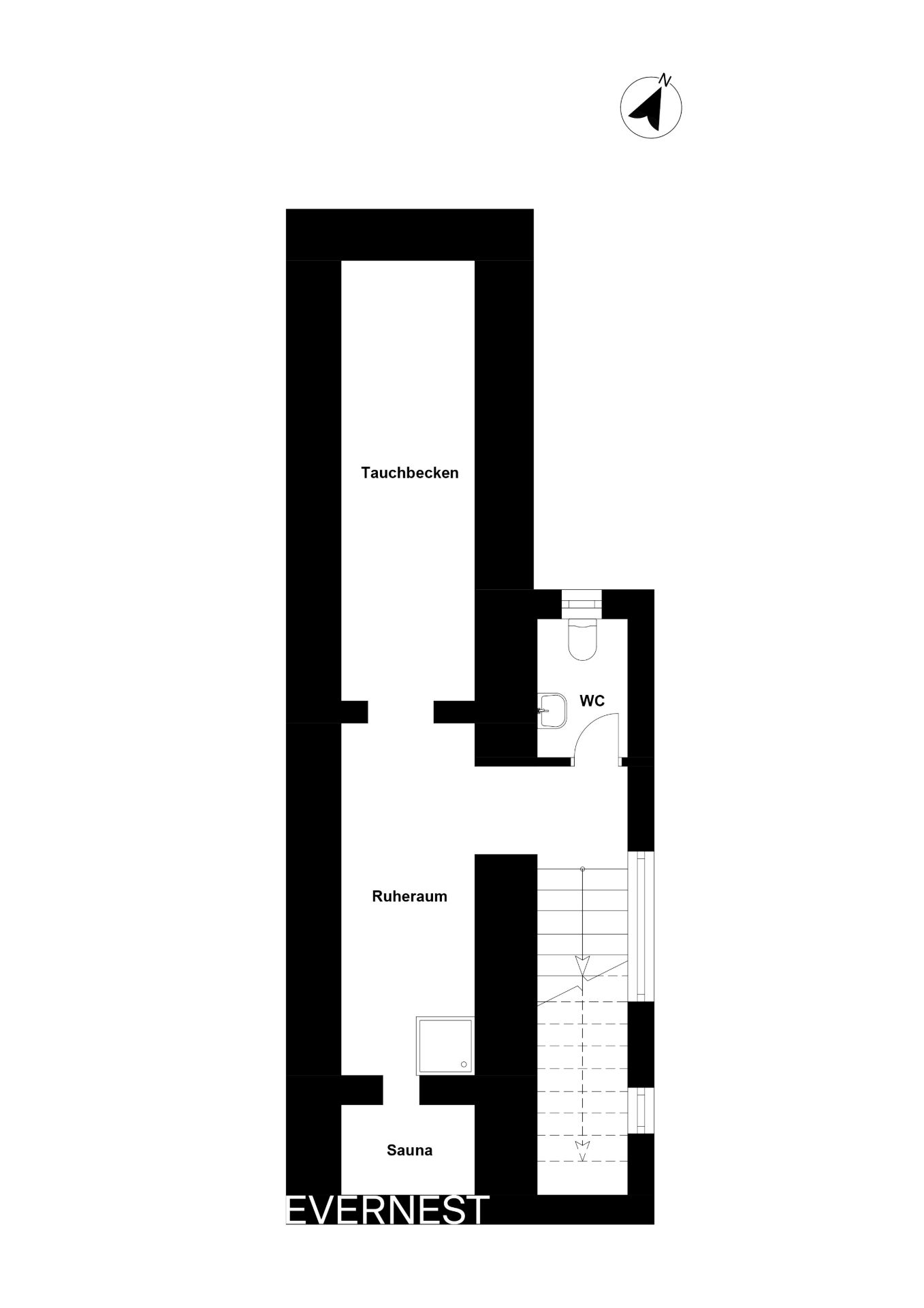 Grundriss mit Sauna, Ruheraum, Tauchbecken, WC und Treppe.