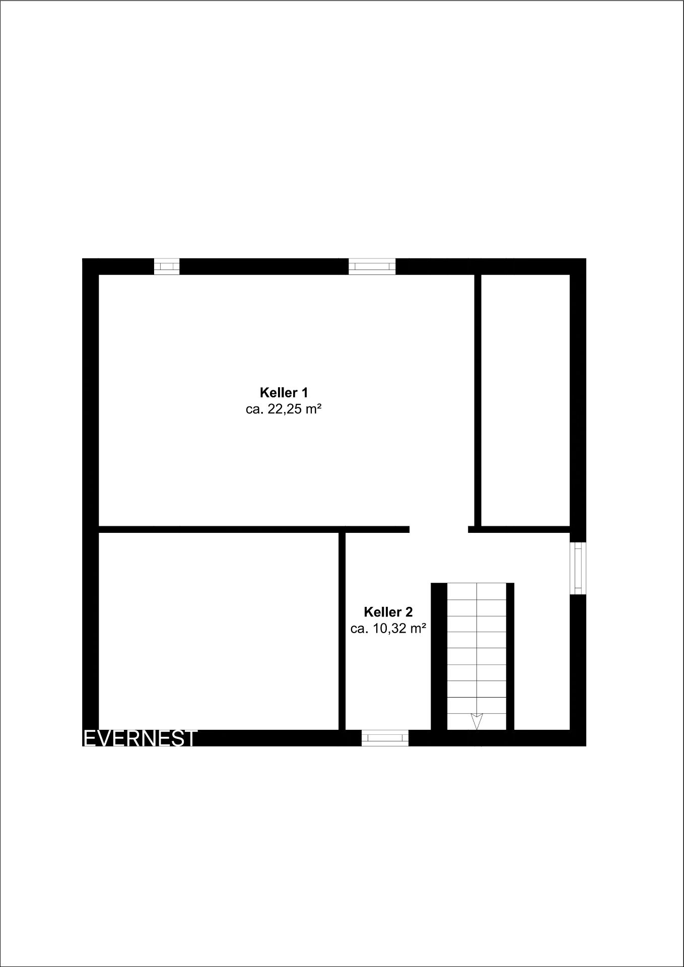 Grundriss eines Kellers mit zwei Räumen und Treppe, Raumgrößen sind angegeben.