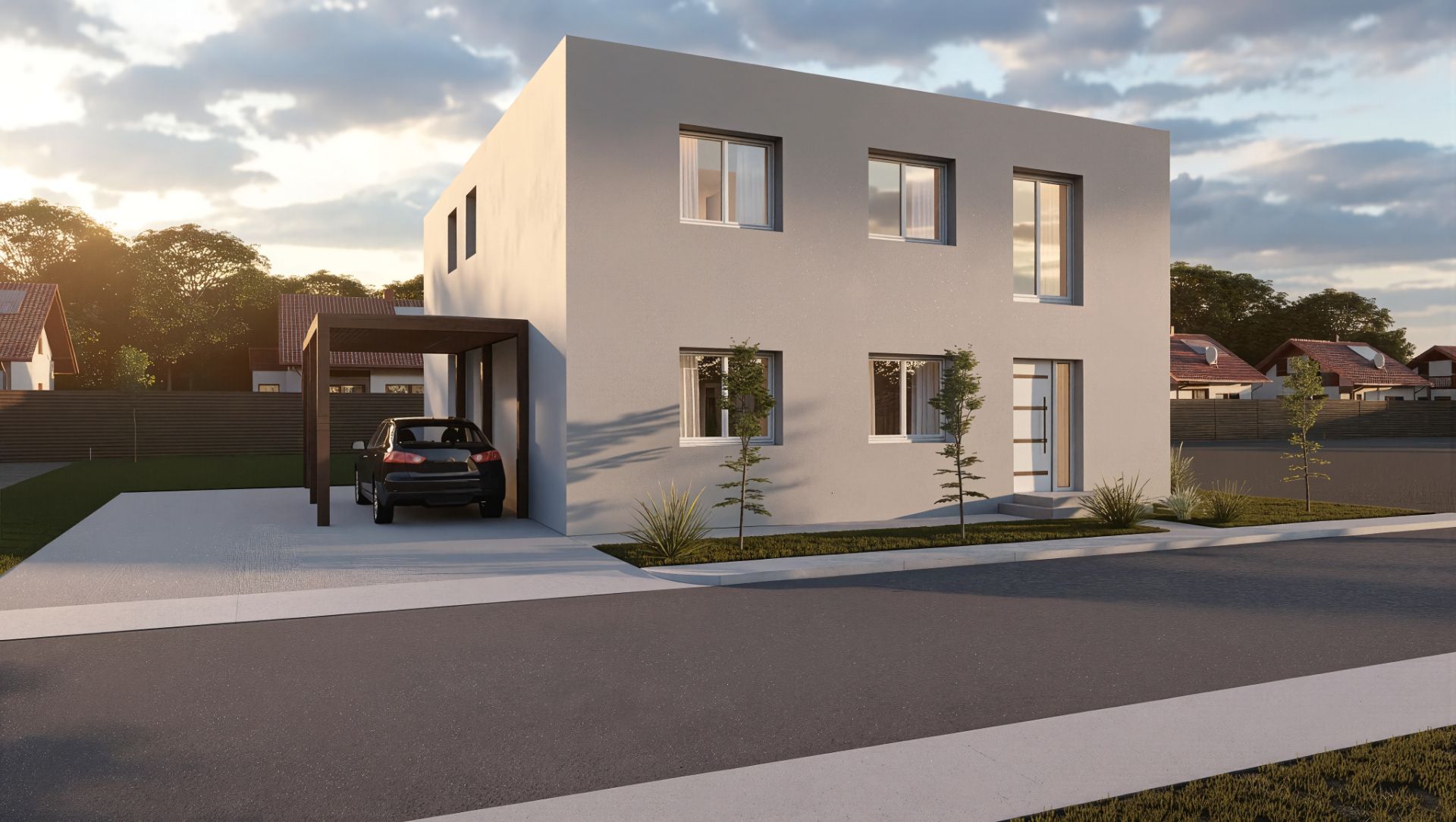 Modernes, zweistöckiges Wohnhaus mit Carport und Auto, umgeben von kleinem Garten und Straße.
