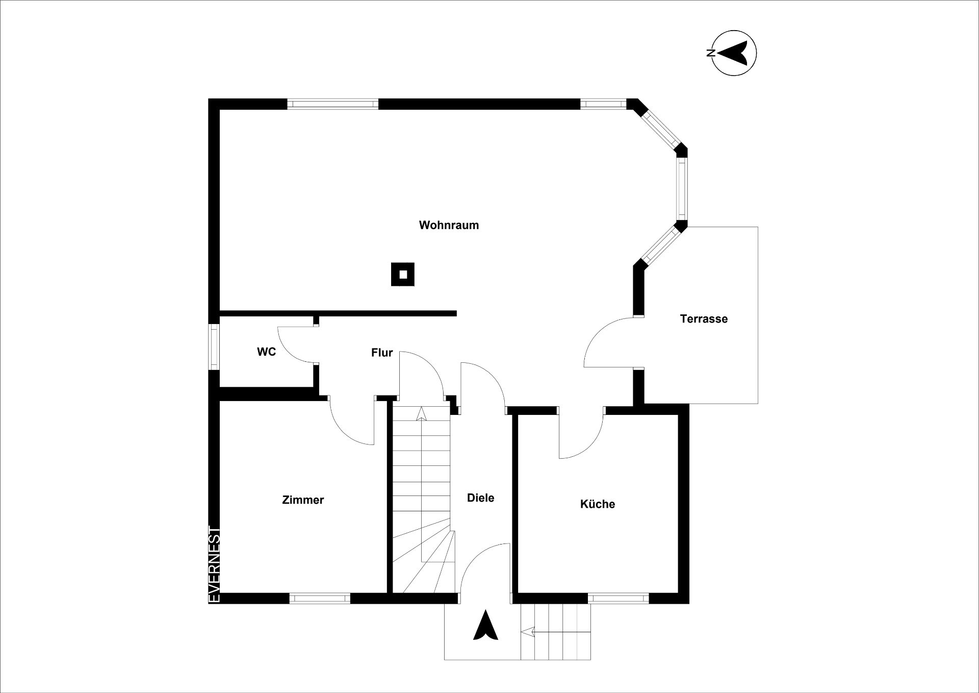 Grundriss mit Wohnraum, Zimmer, Küche, WC, Flur, Diele und Terrasse.