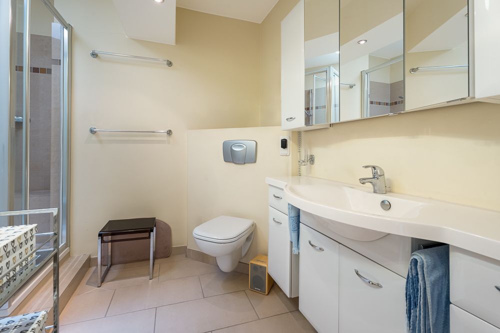 Modernes Badezimmer mit Dusche, WC, Waschbecken und weißen Einbauschränken.