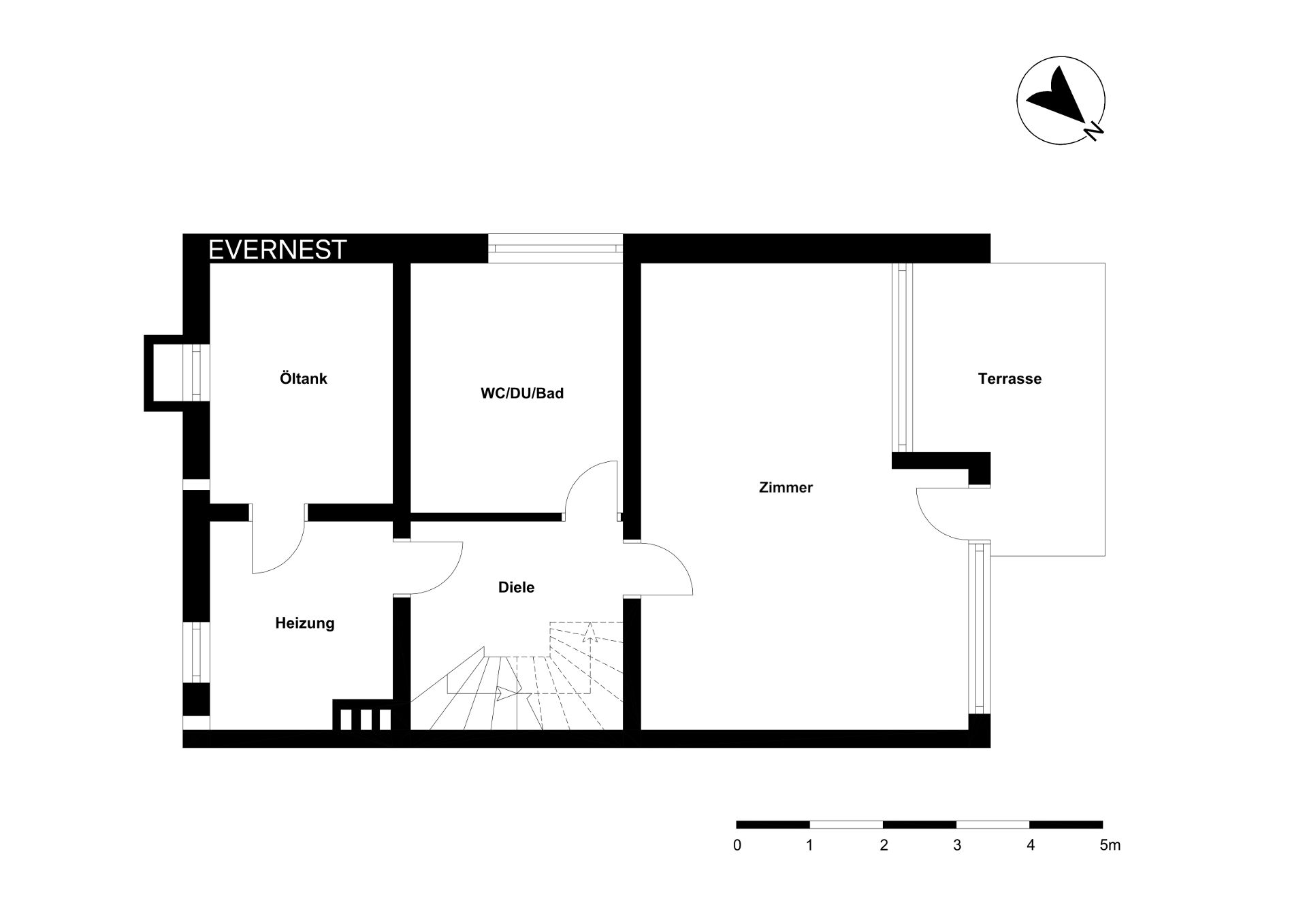 Grundriss mit Zimmer, Terrasse, Diele, Heizung, Öltank und Bad.