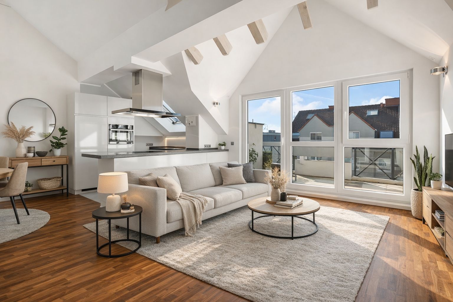 Helles Wohnzimmer mit Sofa, Teppich, Couchtisch, großen Fenstern und offener Küche.