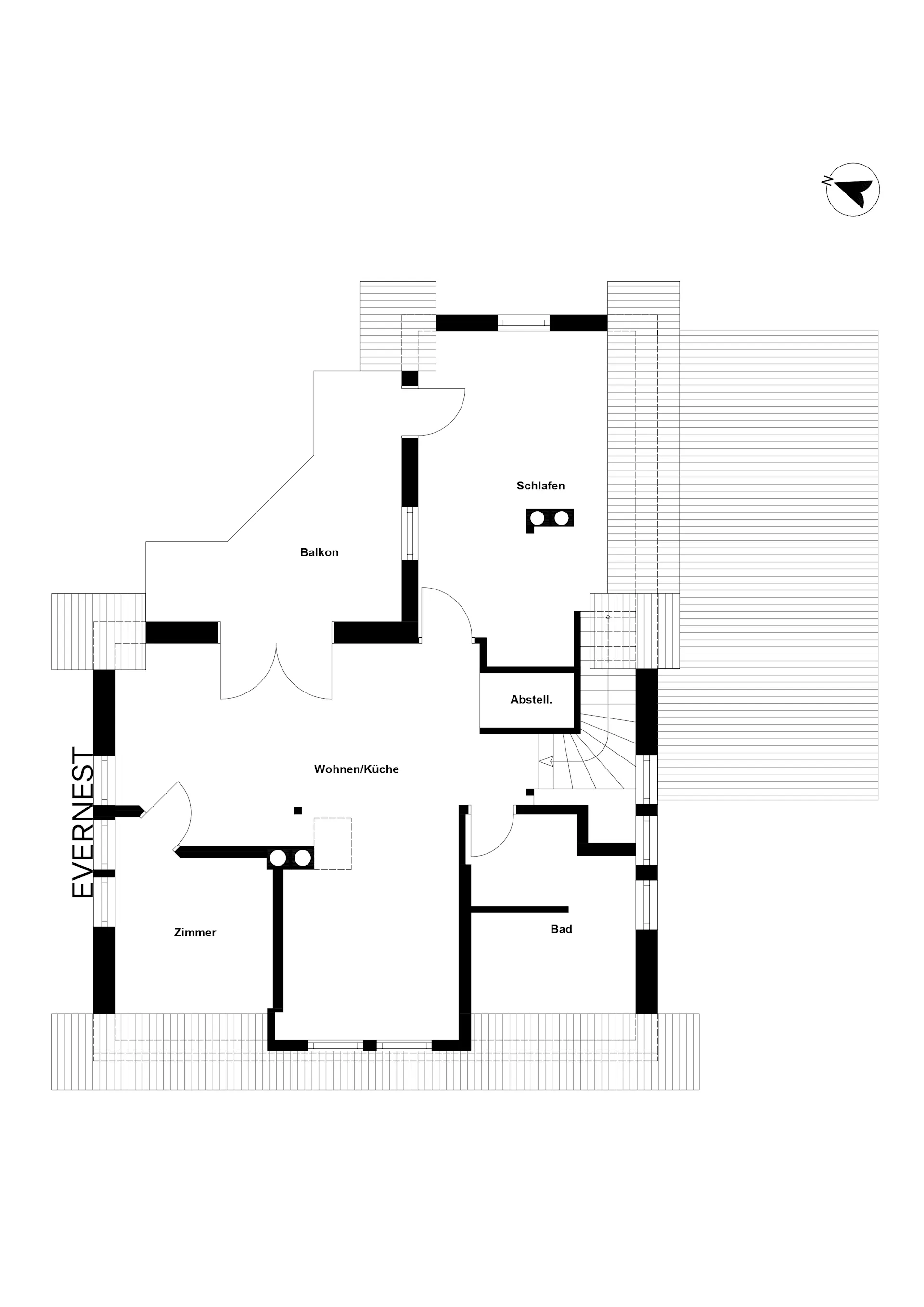 Grundriss einer Wohnung mit Balkon, Wohnzimmer/Küche, Schlafzimmer, Bad und Abstellraum.