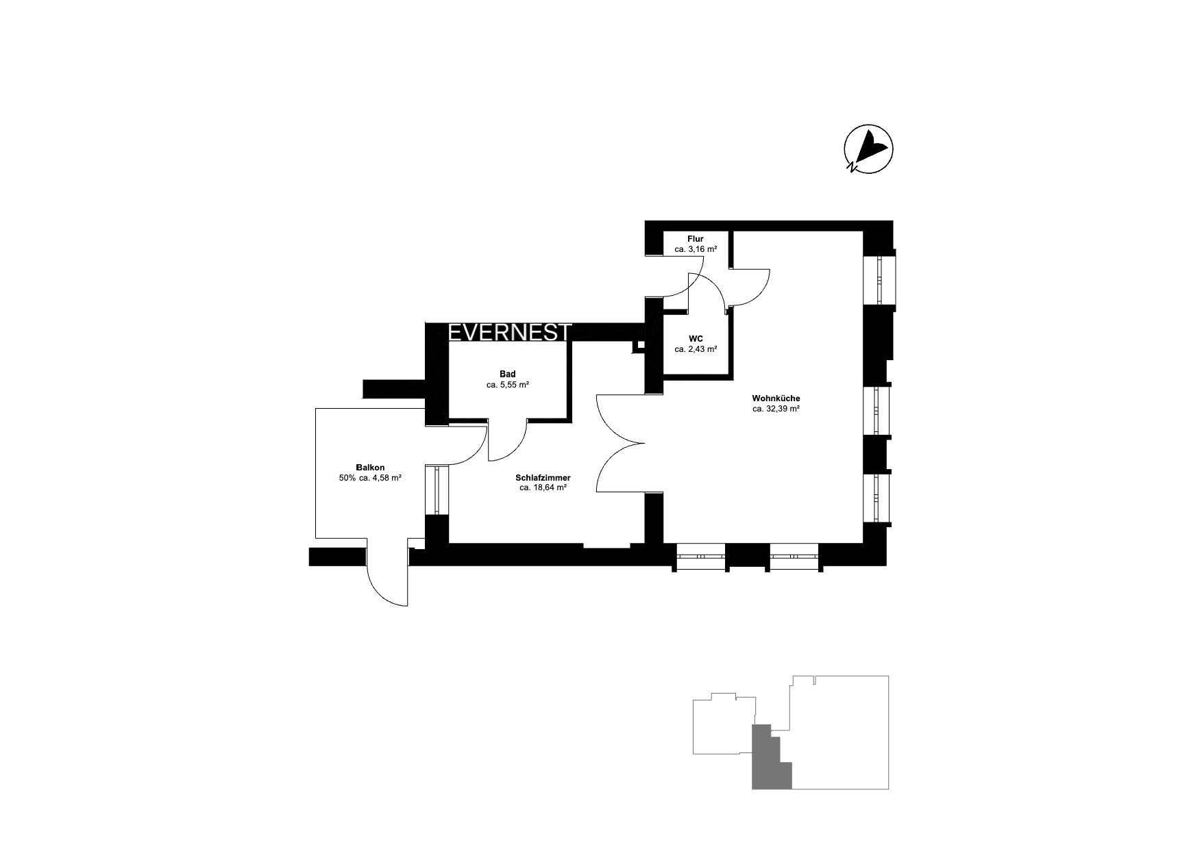 Grundriss einer Wohnung mit Wohnküche, Schlafzimmer, Bad, WC, Flur und Balkon.