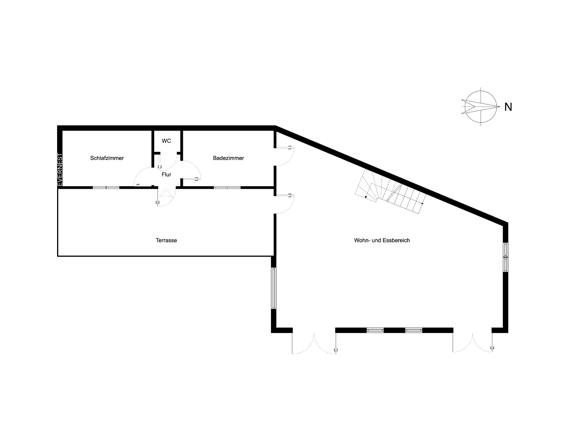 Grundriss mit Schlafzimmer, Badezimmer, WC, Flur, Terrasse und Wohn- und Essbereich.