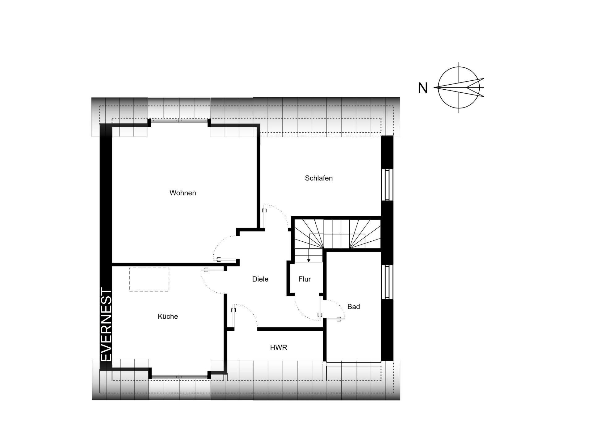 Grundriss mit Räumen: Wohnen, Küche, Schlafen, Diele, Flur, Bad und HWR.