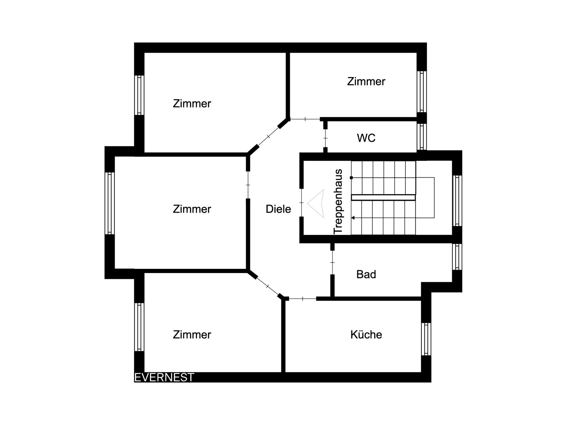 Grundriss mit vier Zimmern, Küche, Bad, WC, Diele und Treppenhaus.