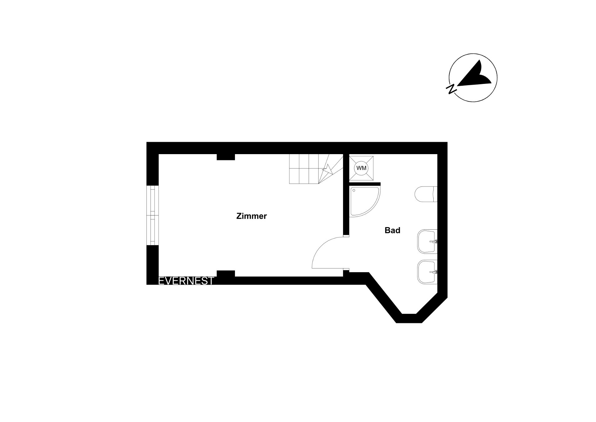 Grundriss mit einem Zimmer und einem Badezimmer, Waschmaschine im Bad eingezeichnet.