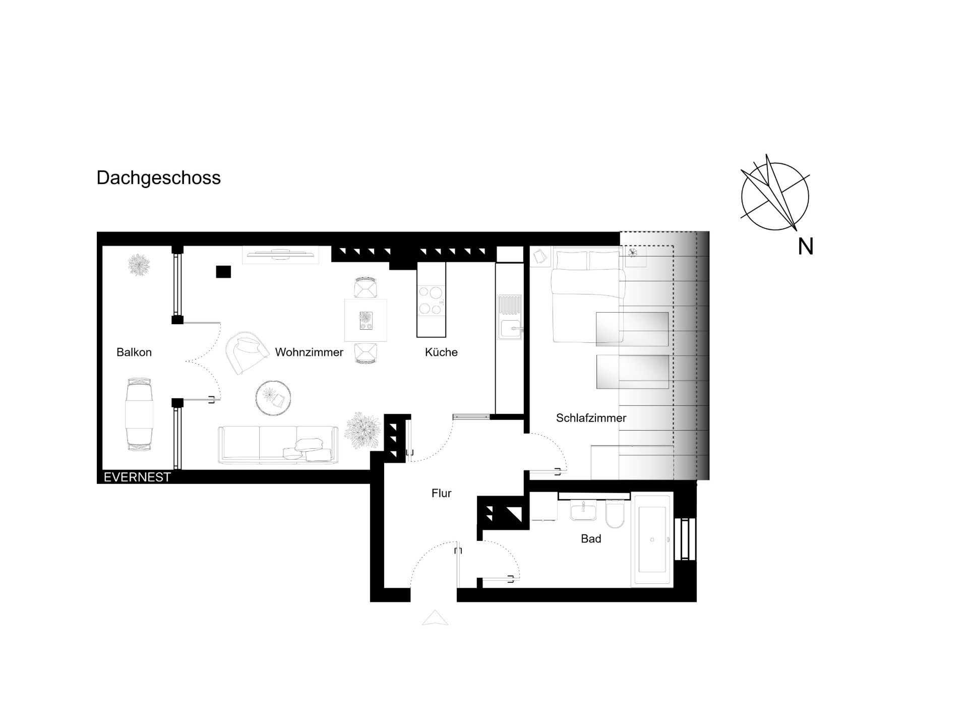Grundriss einer Wohnung mit Wohnzimmer, Küche, Schlafzimmer, Bad, Flur und Balkon.