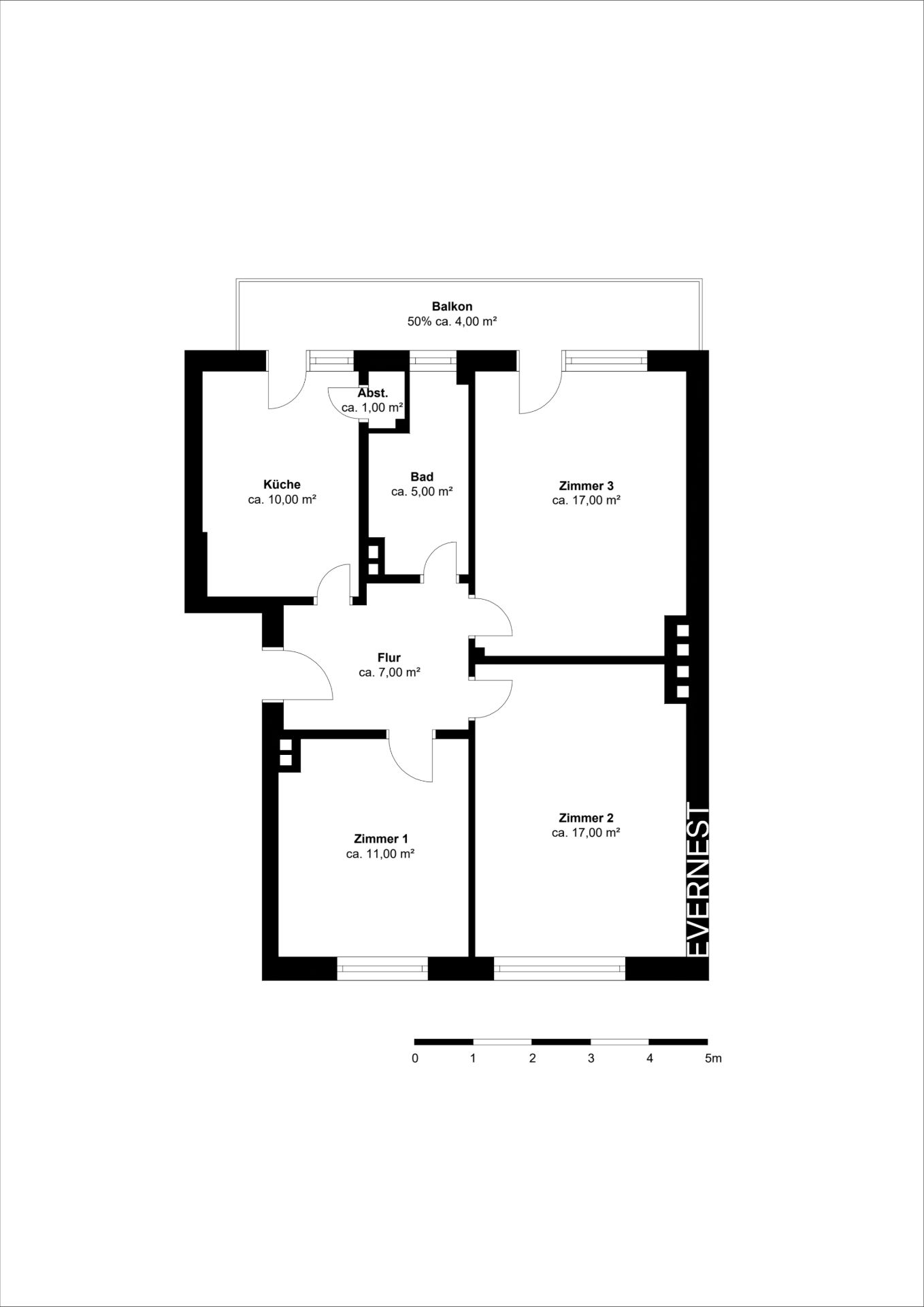 Grundriss einer Wohnung mit drei Zimmern, Küche, Bad, Flur, Abstellraum und Balkon.
