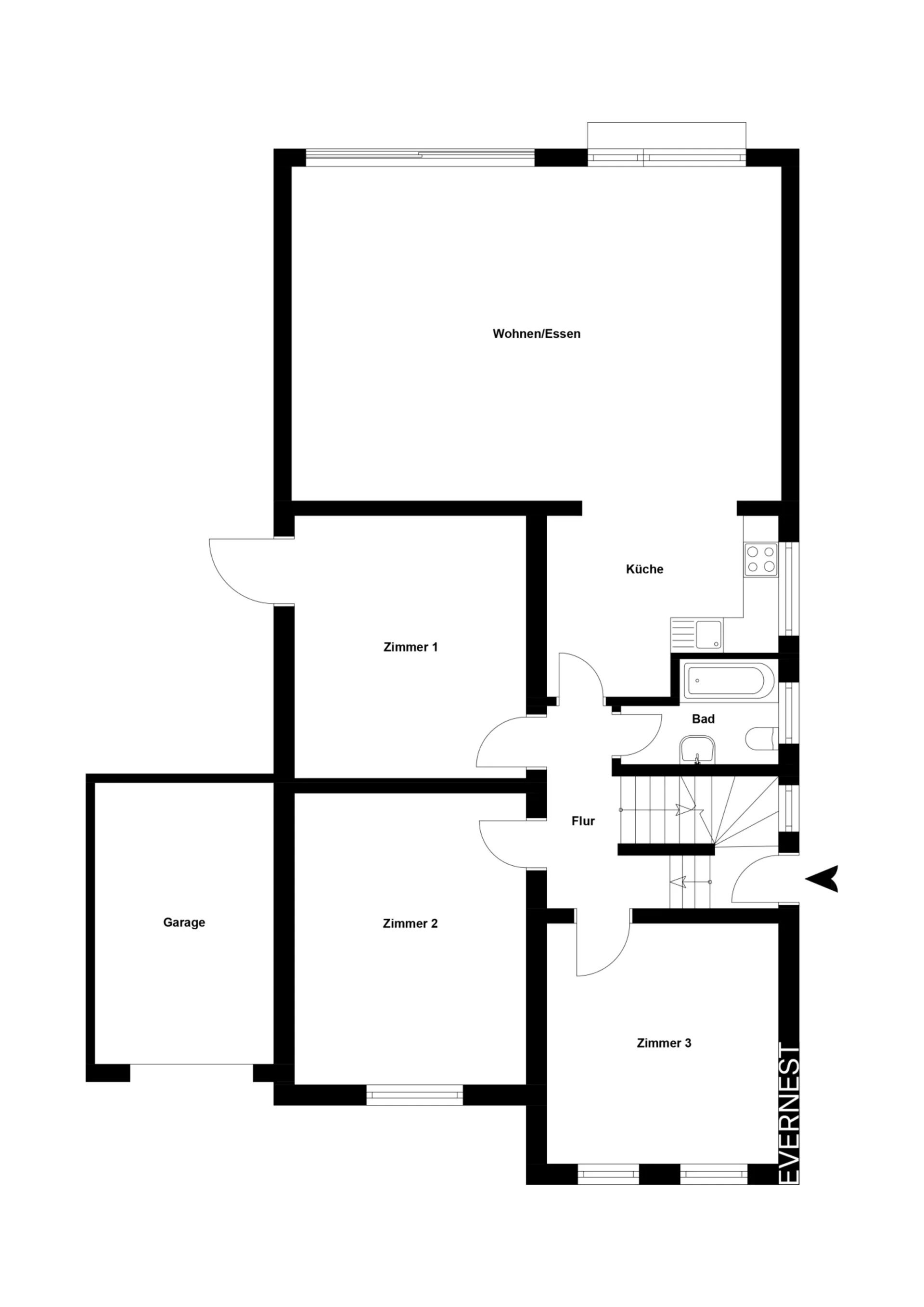 Grundriss mit Wohnzimmer, Küche, Bad, Flur, drei Zimmern und Garage.