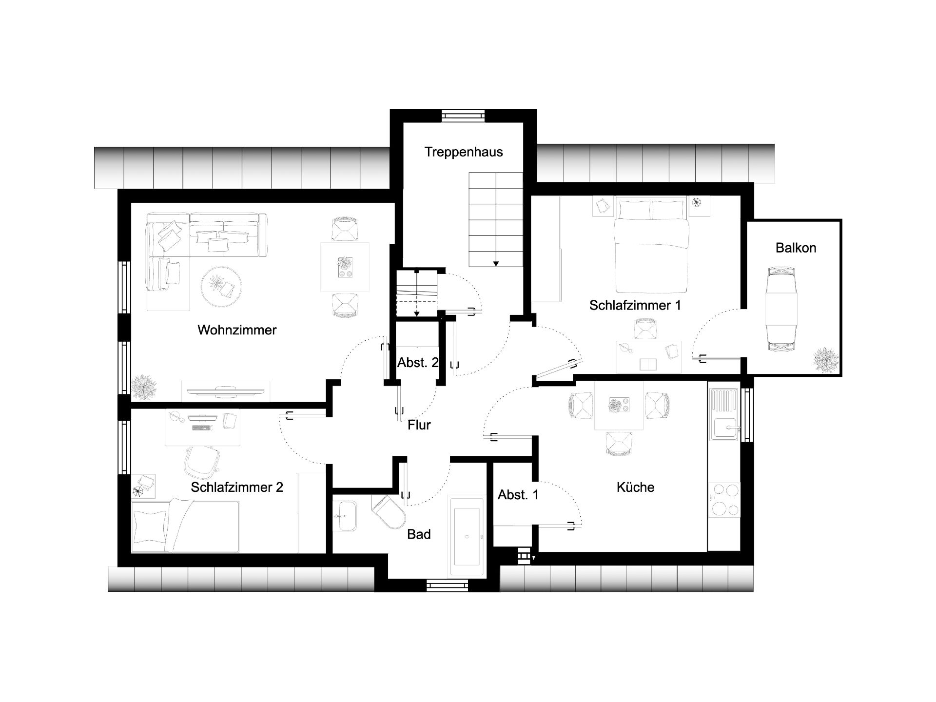 Grundriss einer Wohnung mit Wohnzimmer, zwei Schlafzimmern, Küche, Bad, Flur und Balkon.