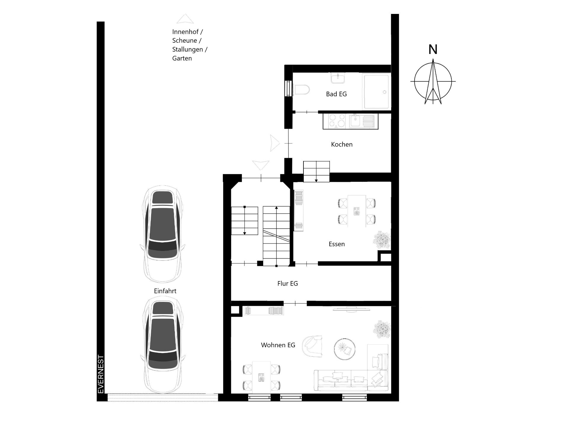 Grundriss des Erdgeschosses mit Wohnzimmer, Esszimmer, Küche, Bad und Zufahrt mit zwei Autos.
