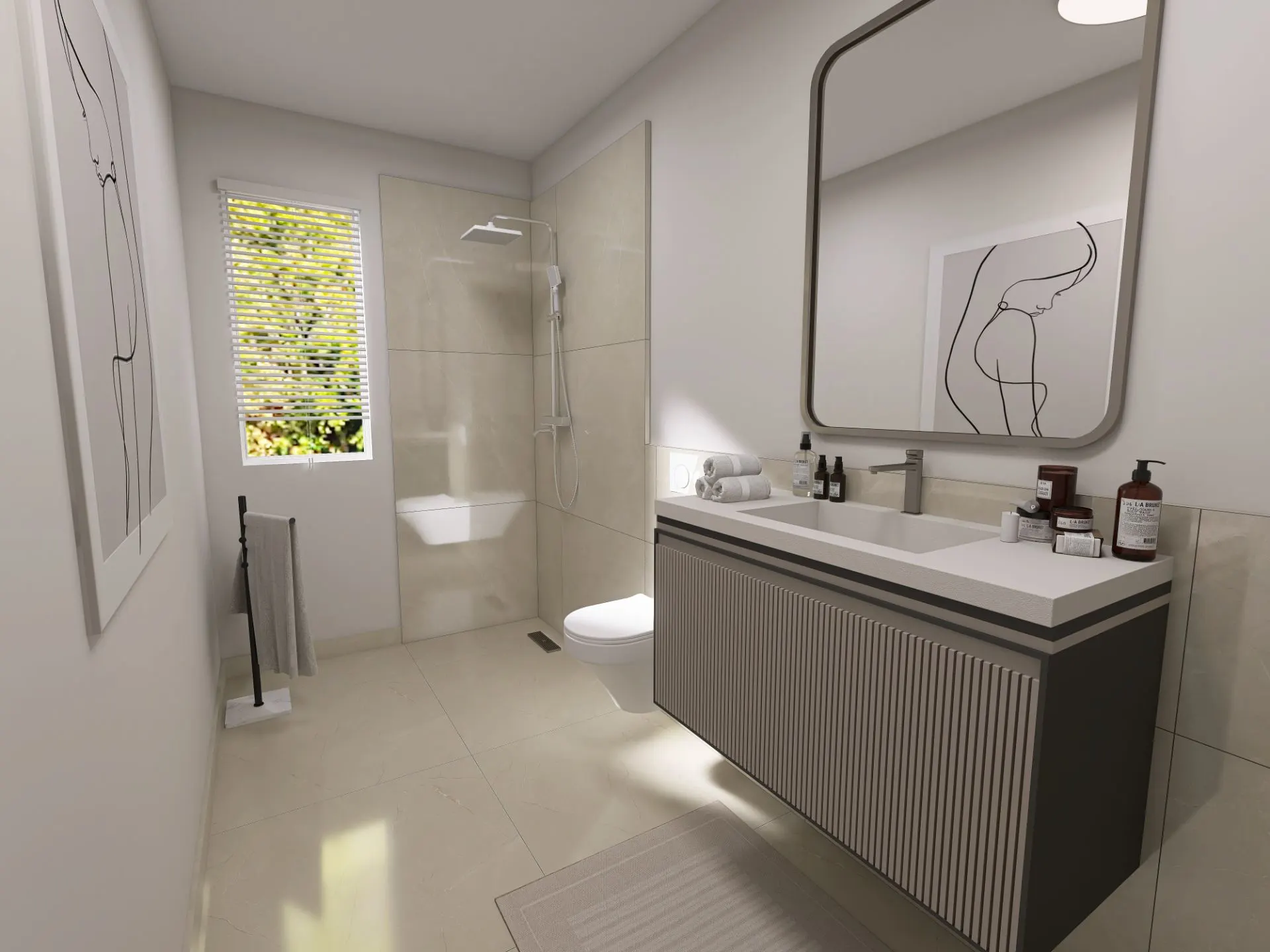 Modernes Badezimmer mit großem Spiegel, Dusche, Waschbecken und Fenster mit Jalousien.