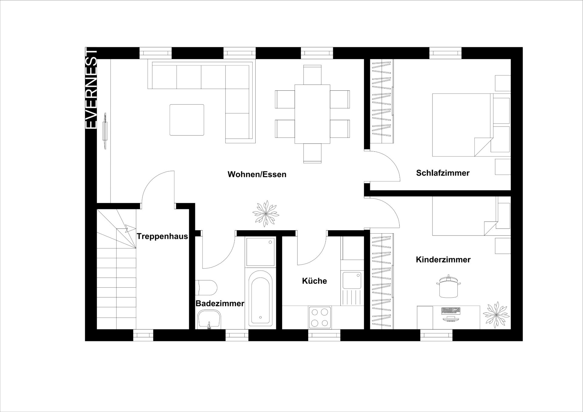 Grundriss einer Wohnung mit Wohnzimmer, Schlafzimmer, Kinderzimmer, Bad und Küche.