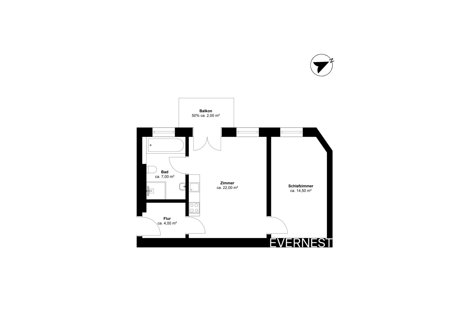 Grundriss mit Bad, Flur, Zimmer, Schlafzimmer und Balkon, Flächenangaben sind eingezeichnet.
