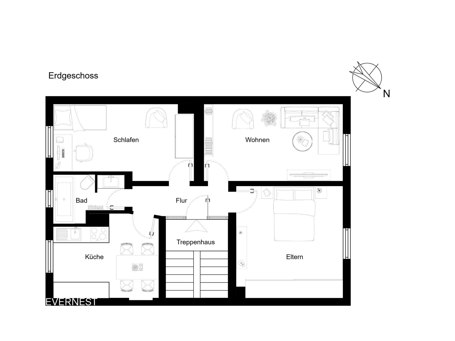 Grundriss des Erdgeschosses mit Küche, Bad, Schlafzimmer, Wohnzimmer und Elternschlafzimmer.