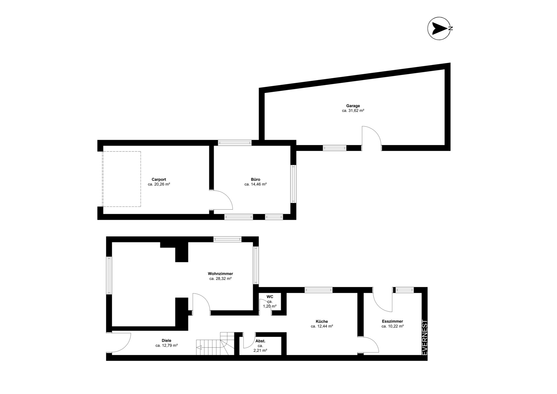 Grundriss eines Wohnhauses mit Wohnzimmer, Garage, Büro, Küche und weiteren Räumen.