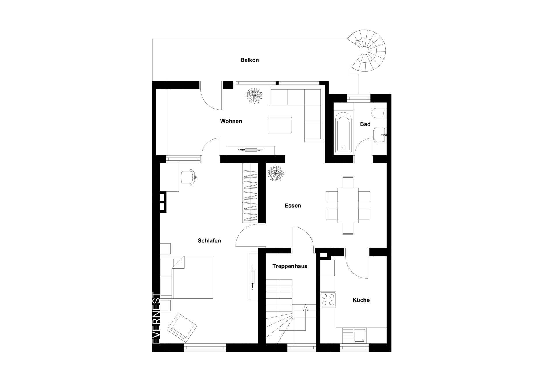 Grundriss einer Wohnung mit Wohnzimmer, Schlafzimmer, Bad, Küche, Essbereich und Balkon.