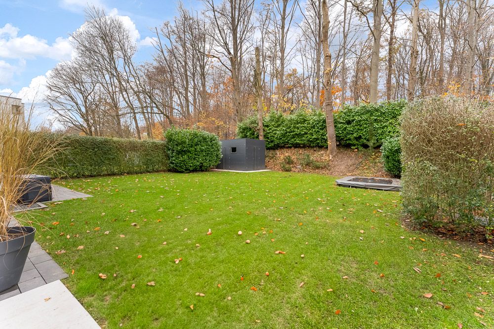 Gepflegter Garten mit Rasenfläche, Hecken, Bäumen und modernen Pflanzgefäßen.