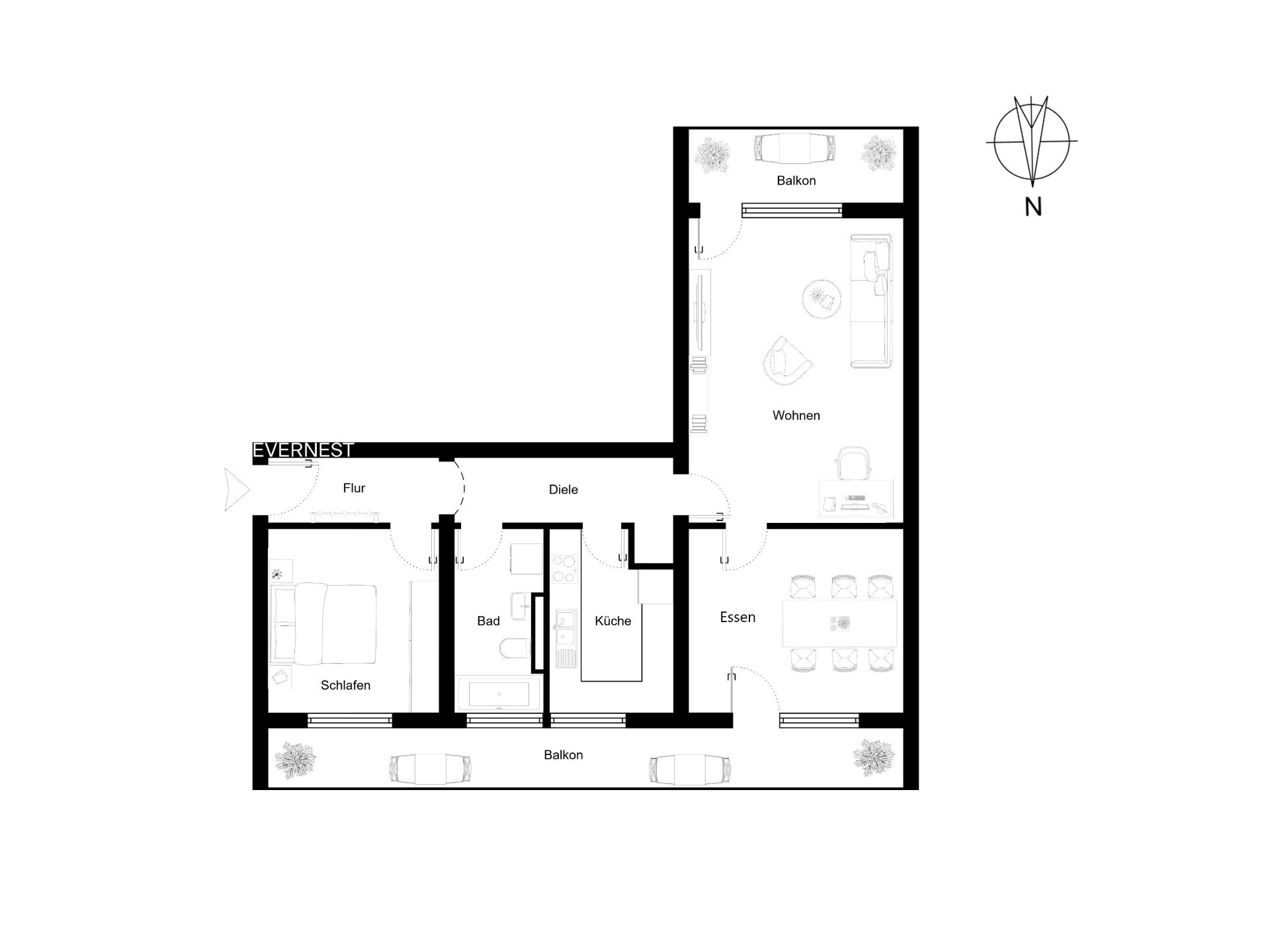 Grundriss einer Wohnung mit Schlaf-, Wohn-, Esszimmer, Bad, Küche und zwei Balkonen.