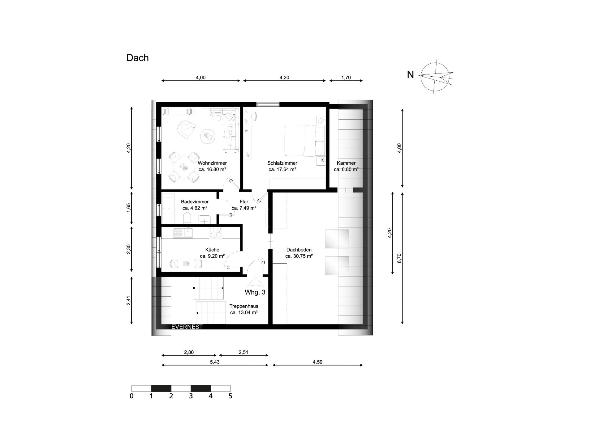 Grundriss eines Wohnbereichs mit Wohnzimmer, Schlafzimmer, Küche, Bad und Dachboden.