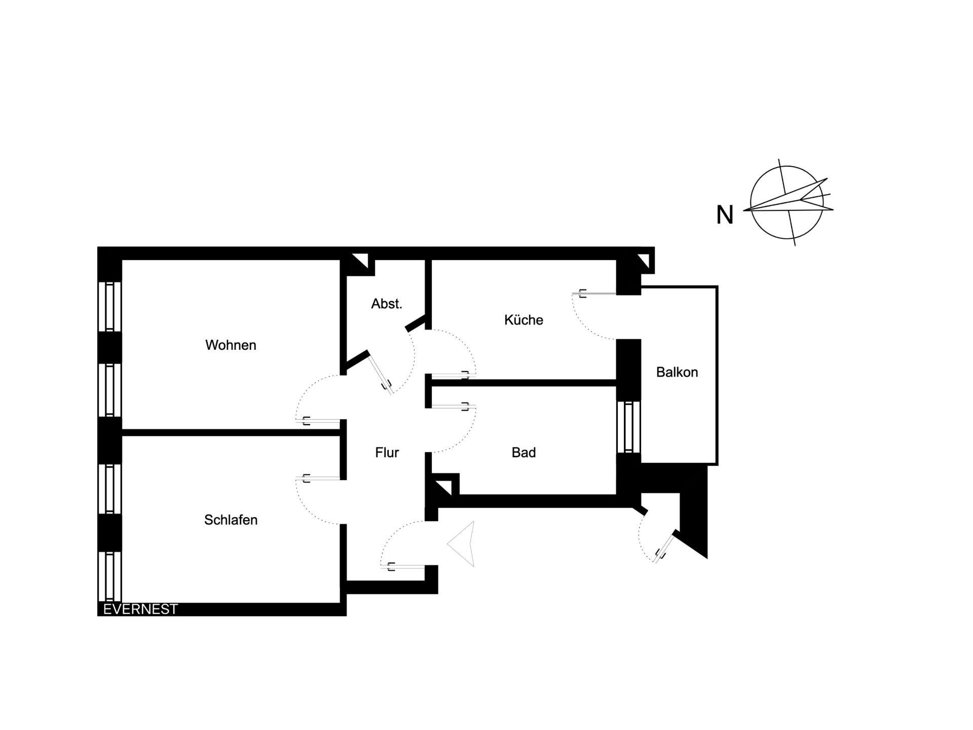 Grundriss mit Wohnzimmer, Schlafzimmer, Küche, Bad, Abstellraum, Flur und Balkon.