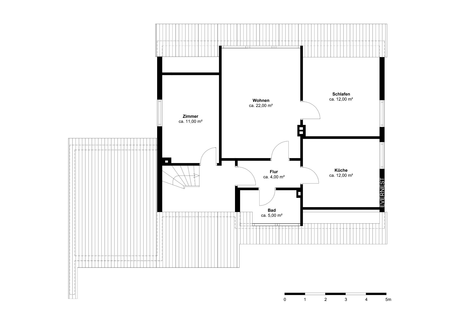 Grundriss einer Wohnung mit Zimmer, Wohnzimmer, Schlafzimmer, Küche, Flur und Bad.