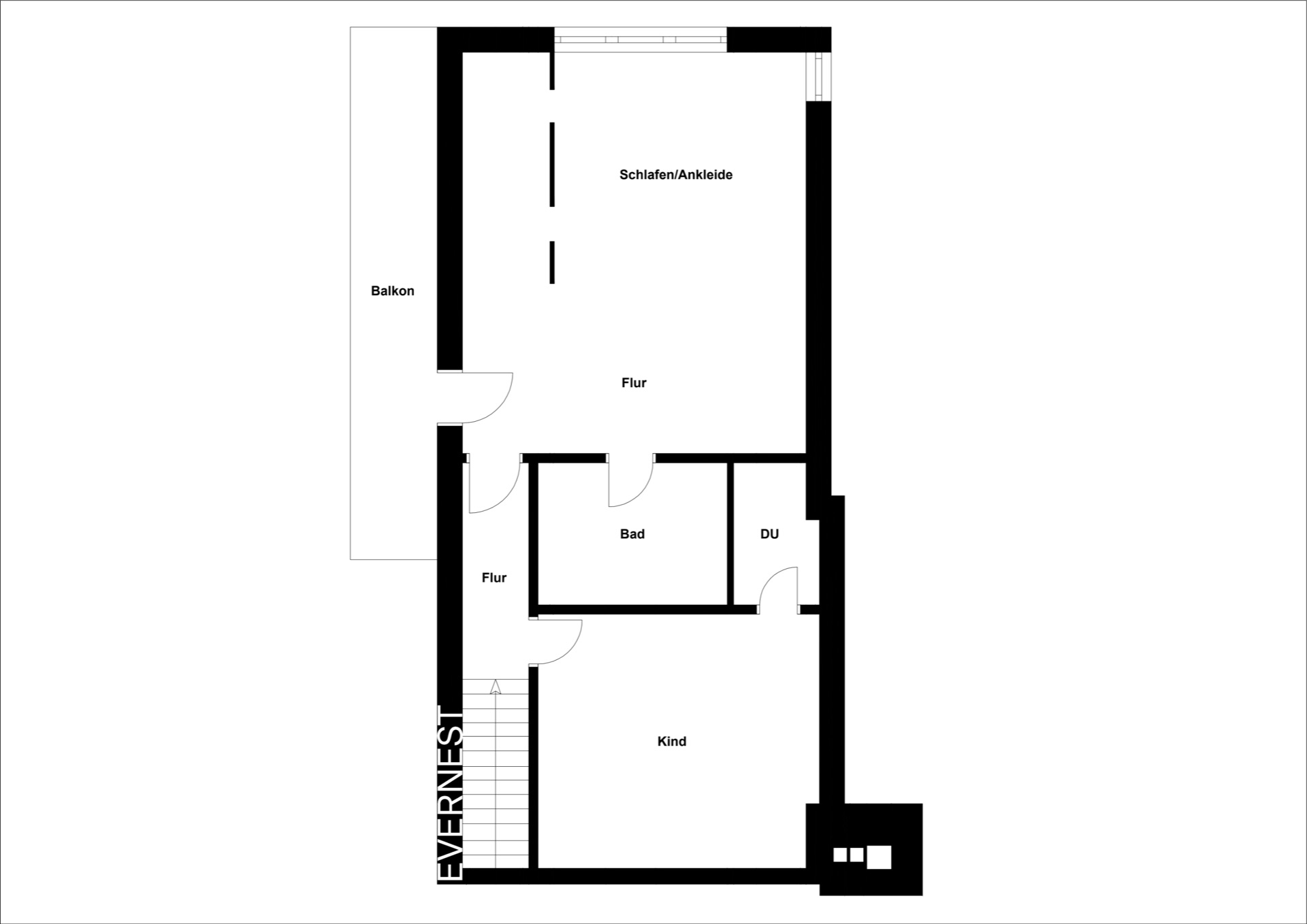 Grundriss mit Schlafzimmer, Ankleide, Kinderzimmer, Bad, Dusche, Flur und Balkon.