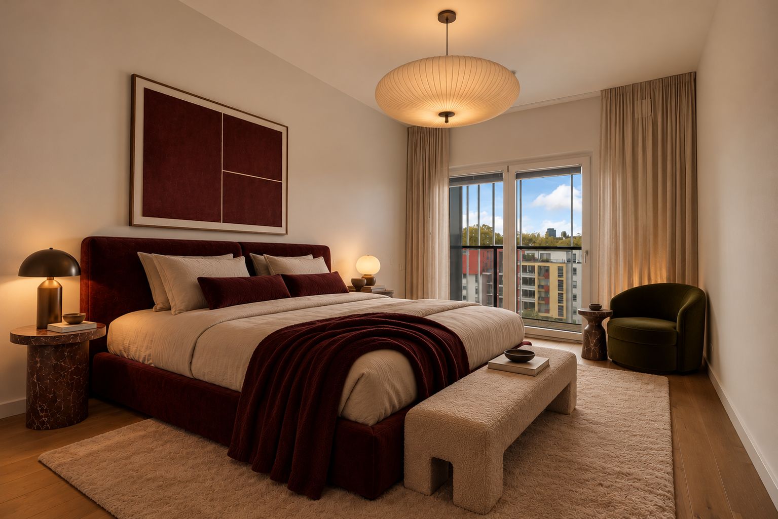 Modernes Schlafzimmer mit großem Bett, Nachttischen, Sessel und Fenster mit Blick auf Gebäude.