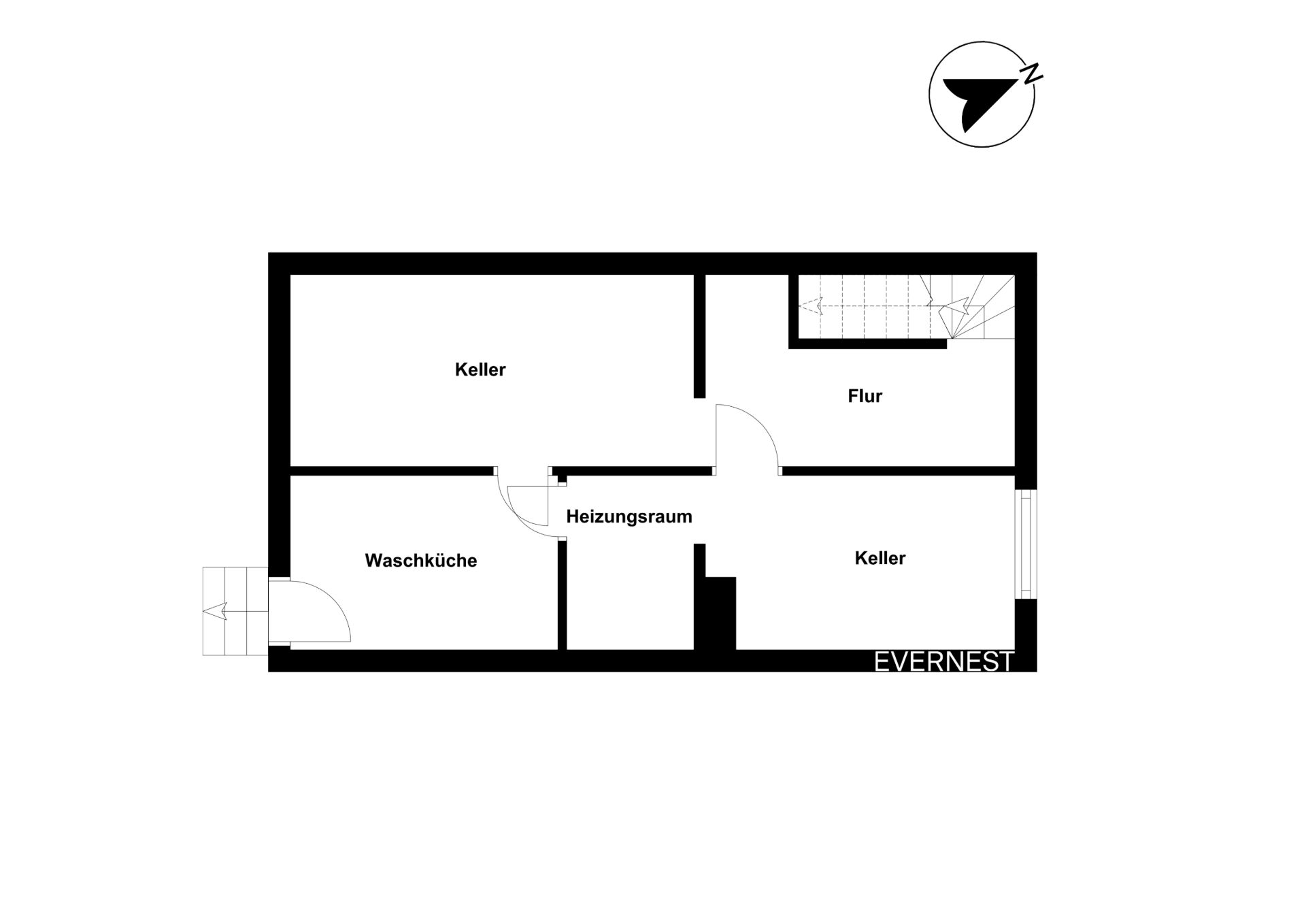 Grundriss eines Kellers mit Waschküche, Heizungsraum, Flur und zwei Kellerräumen.