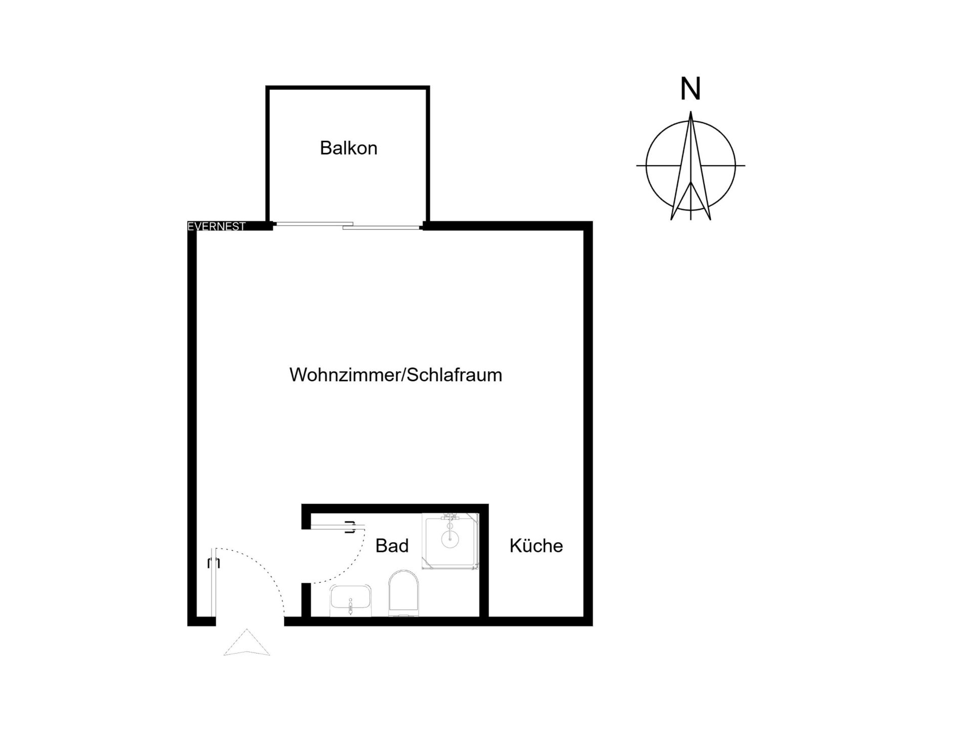 Grundriss einer Wohnung mit Wohnzimmer/Schlafraum, Bad, Küche und Balkon.
