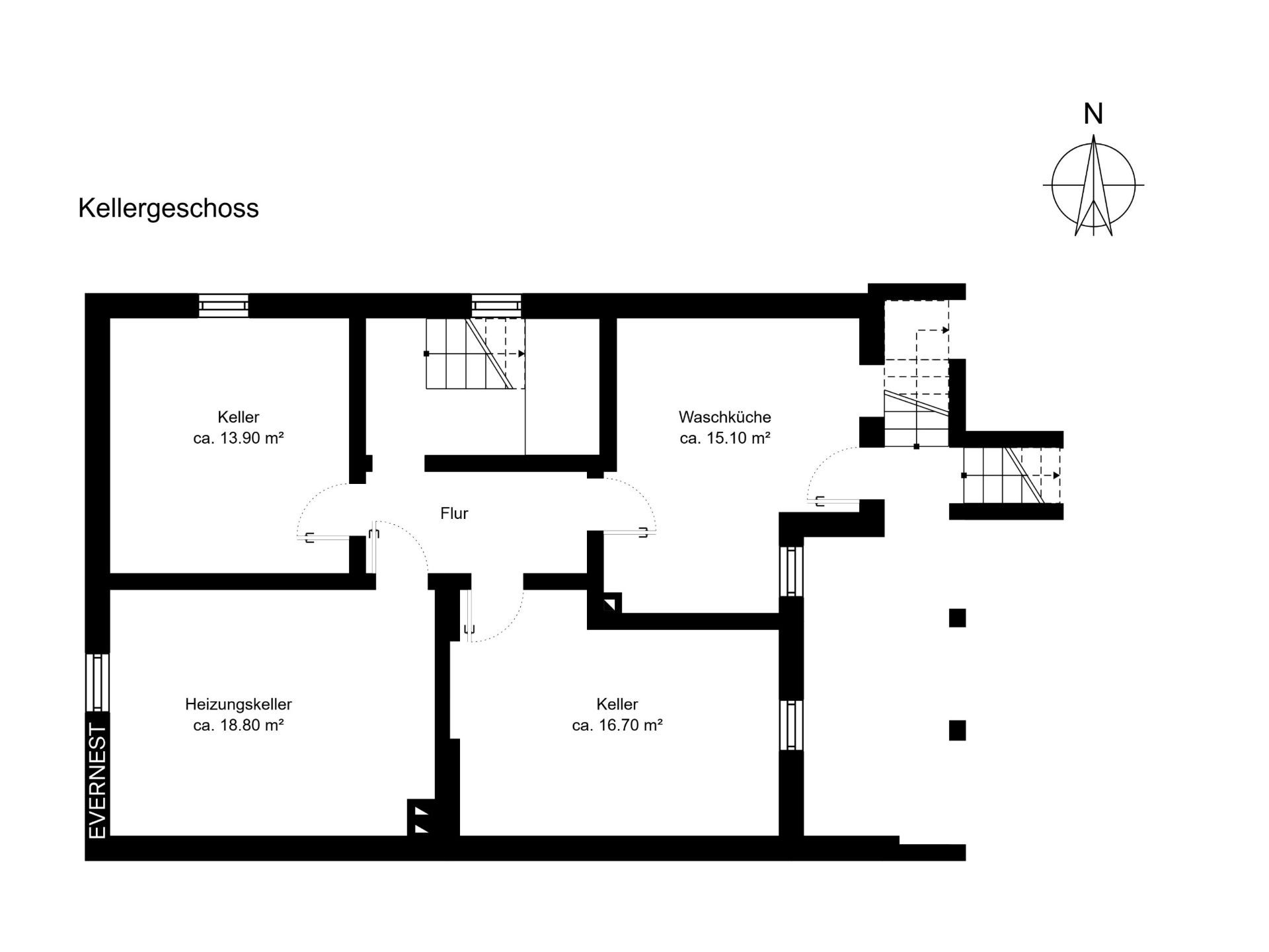 Grundriss des Kellergeschosses mit Flur, Waschküche, Heizungsraum und drei Kellerräumen.