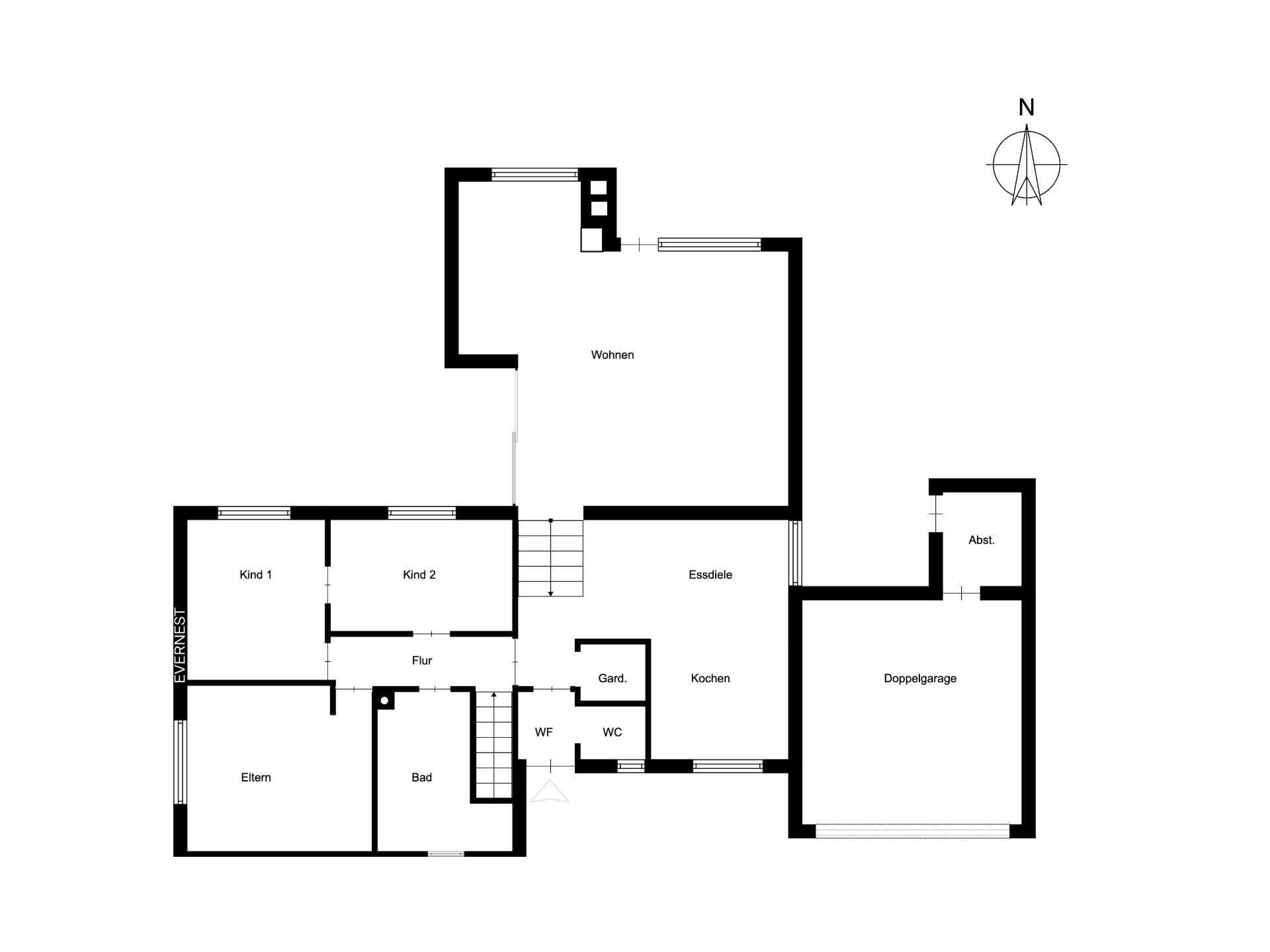 Grundriss eines Wohnhauses mit Zimmern, Küche, Bad und Doppelgarage.