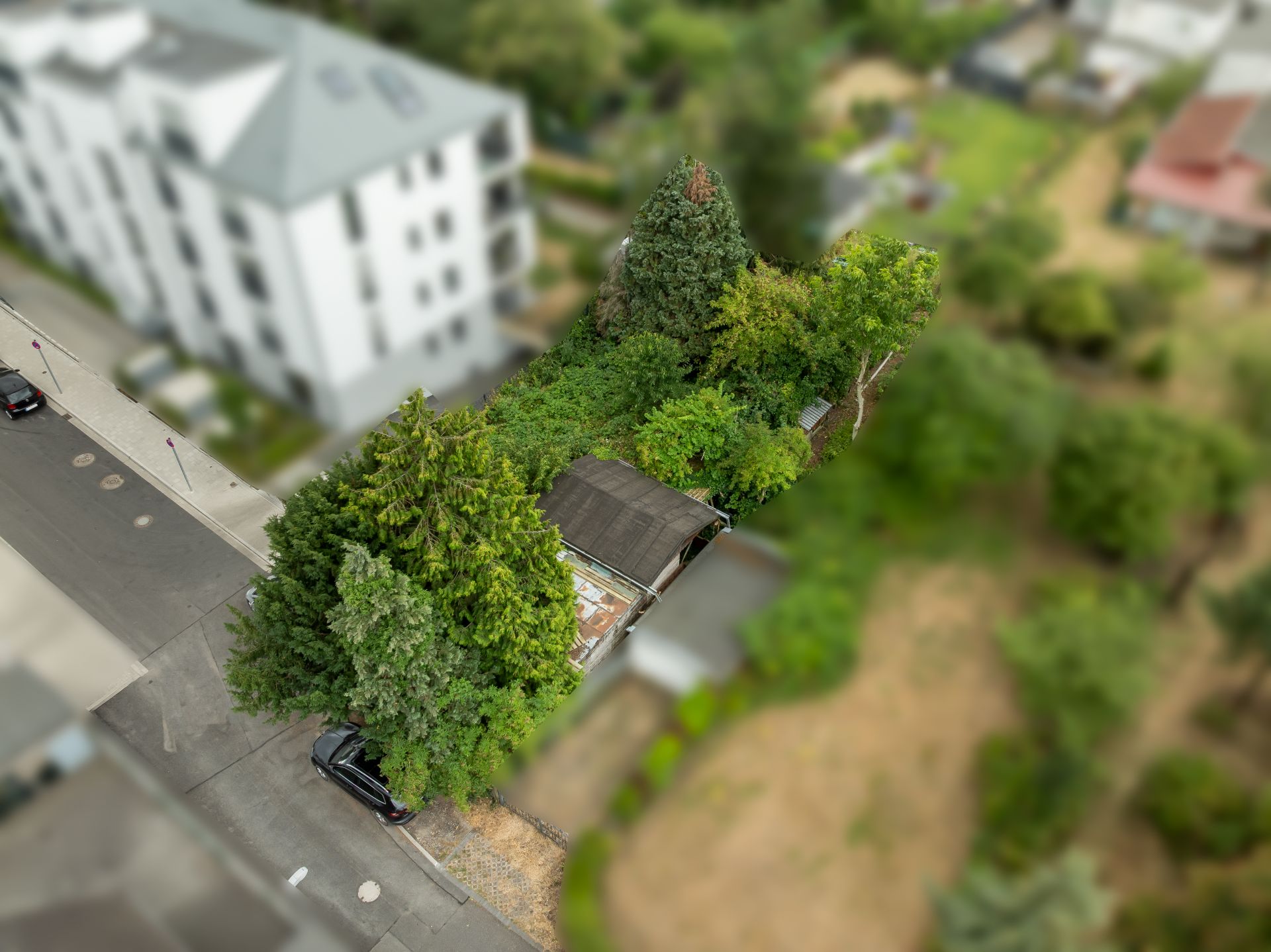 Luftaufnahme eines Grundstücks mit vielen Bäumen und einem kleinen Gebäude an einer Straßenecke.